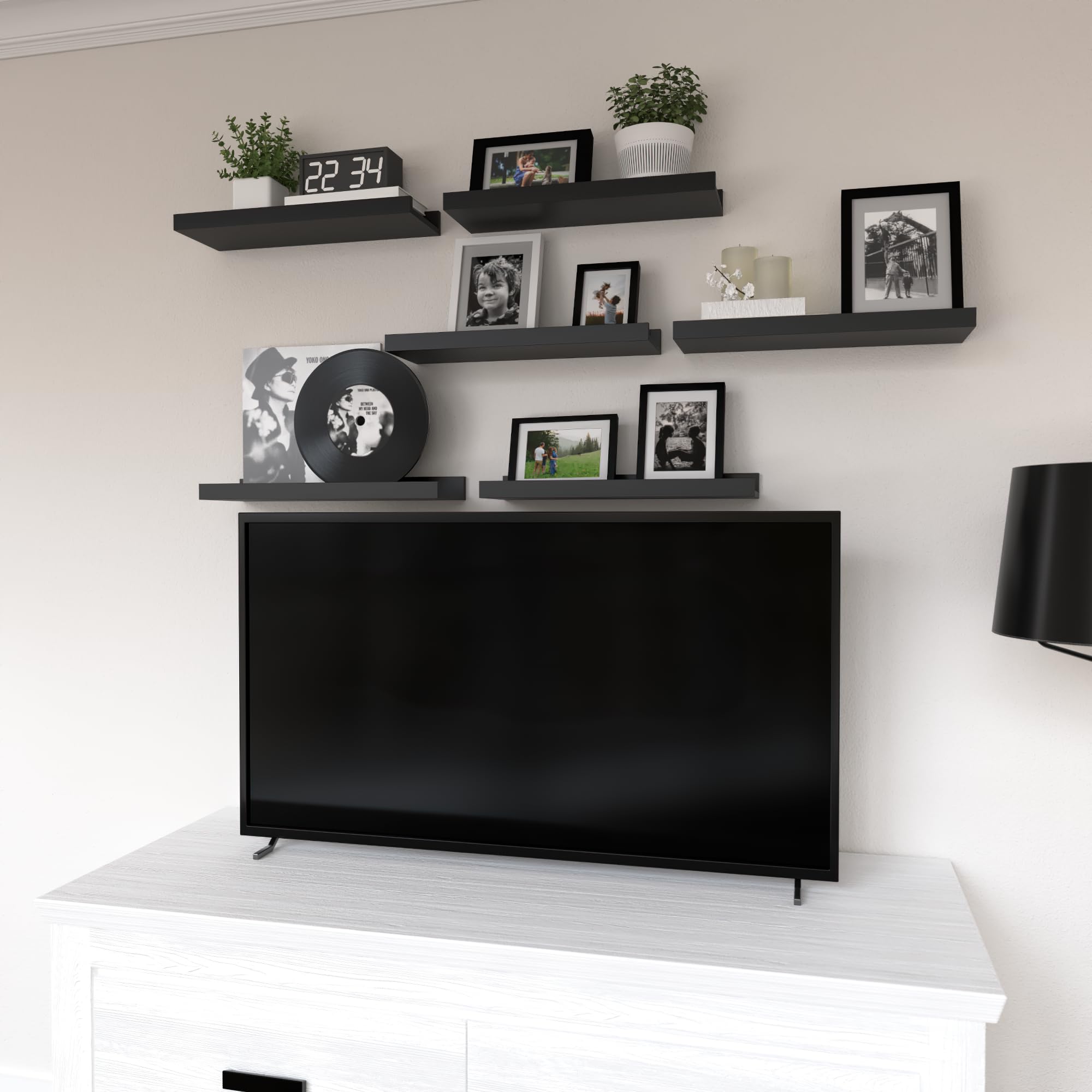 6-Pack Black Floating Shelves with Lip - Modern Wall Shelves for Living Room, Bedroom, Bathroom - Perfect for Displaying Pictures, Books, Plants & Home Decor - Sturdy Wall Mounted Shelving Solution