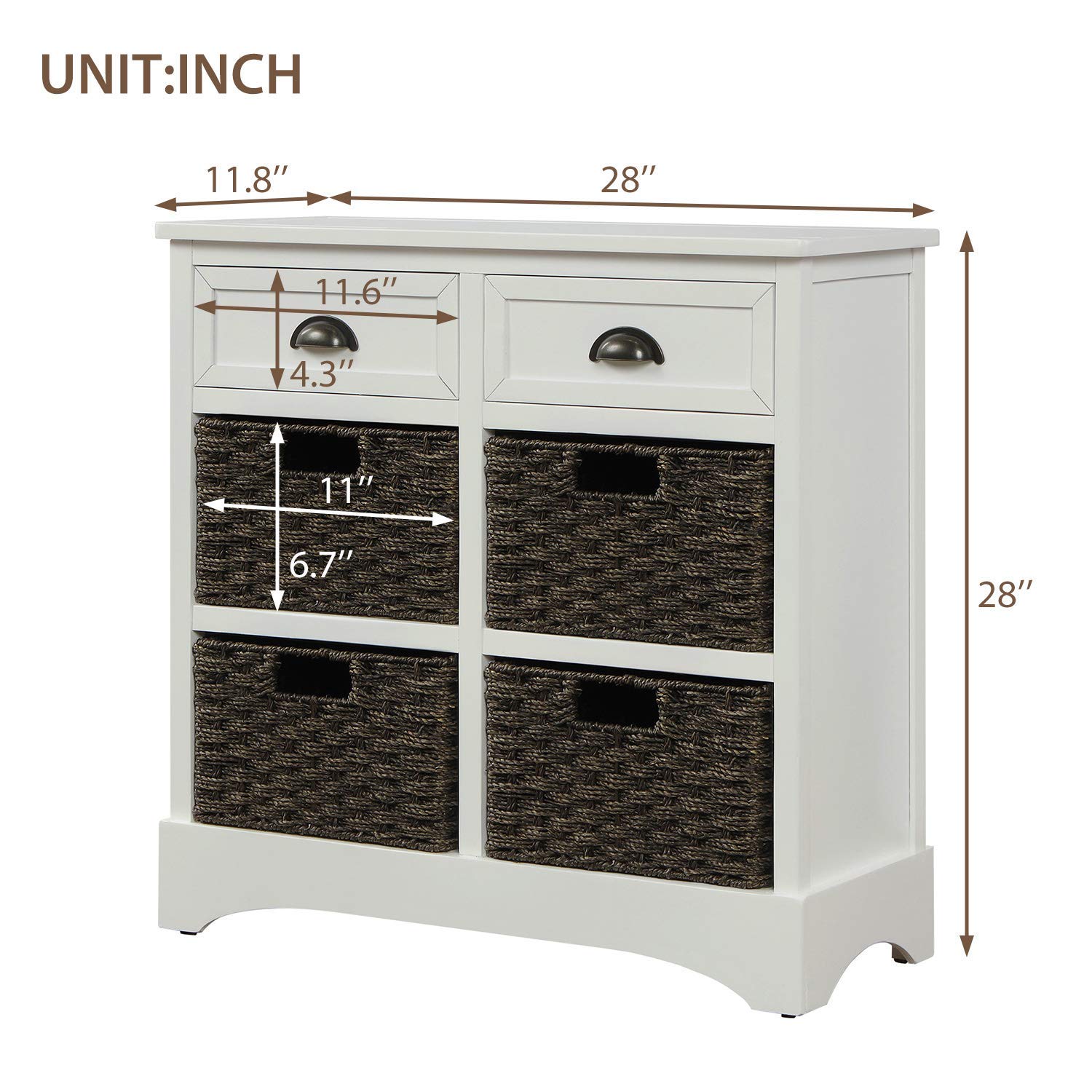 Rustic White Storage Cabinet with 2 Drawers & 4 Rattan Baskets - Kitchen, Dining Room, Entryway, Living Room Organizer - Perfect for Home Decor and Storage Solutions
