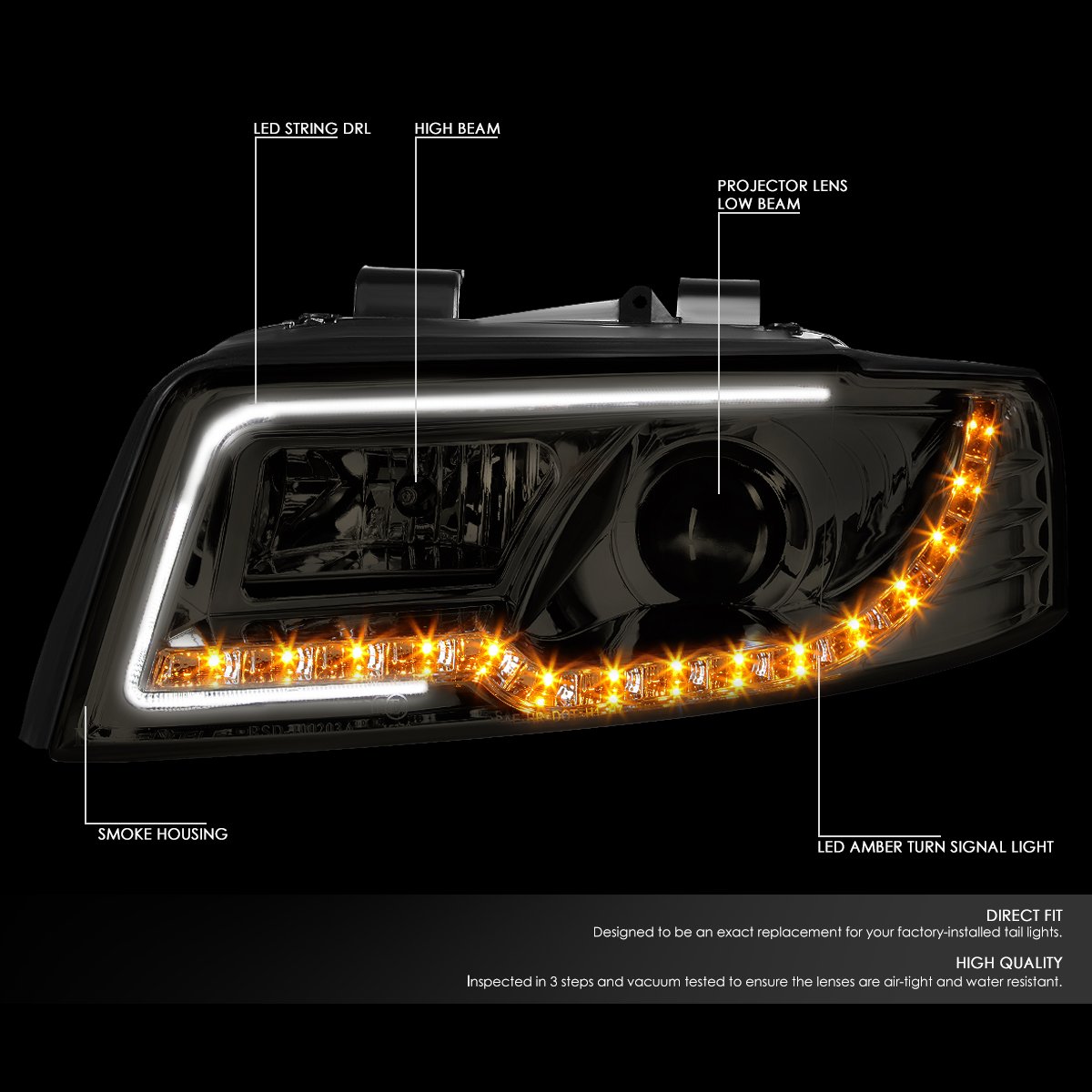 DNA Motoring HL-HPL-DRL-A402-SM Passenger Side Headlight Assembly - Compatible with Select Car Models | Perfect for Night Driving & Vehicle Upgrades