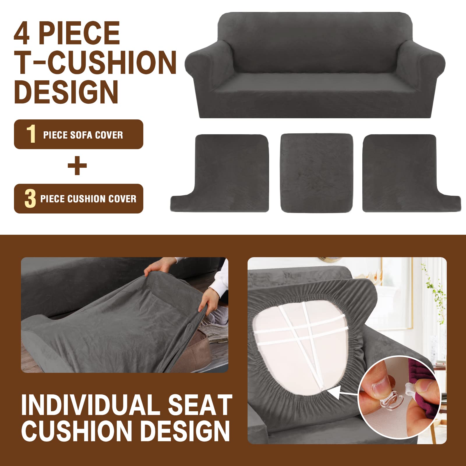 Velvet T-Cushion Sofa Slipcover Set - 4-Piece Soft Couch Cover with 3 Individual T-Shaped Seat Covers - Furniture Protector for Living Room (Grey) - Perfect for Sectional Sofas, Home Decor & Pet Protection