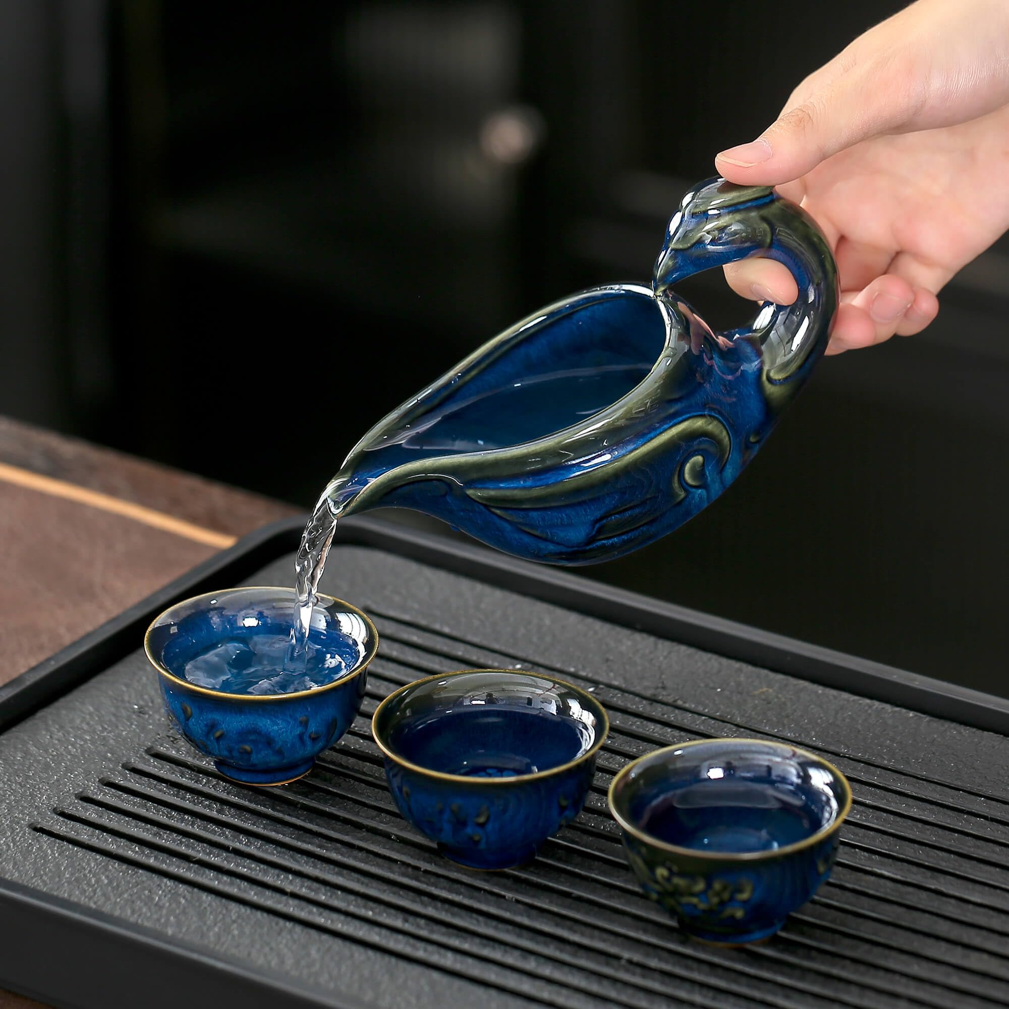 Premium Semi-Automatic Dragon Teapot Set with Infuser & 8 Small Cups - Blue Chinese Ceramic Tea Brewing Kit for Home, Office & Gifting | Traditional Gongfu Tea Ceremony Accessories
