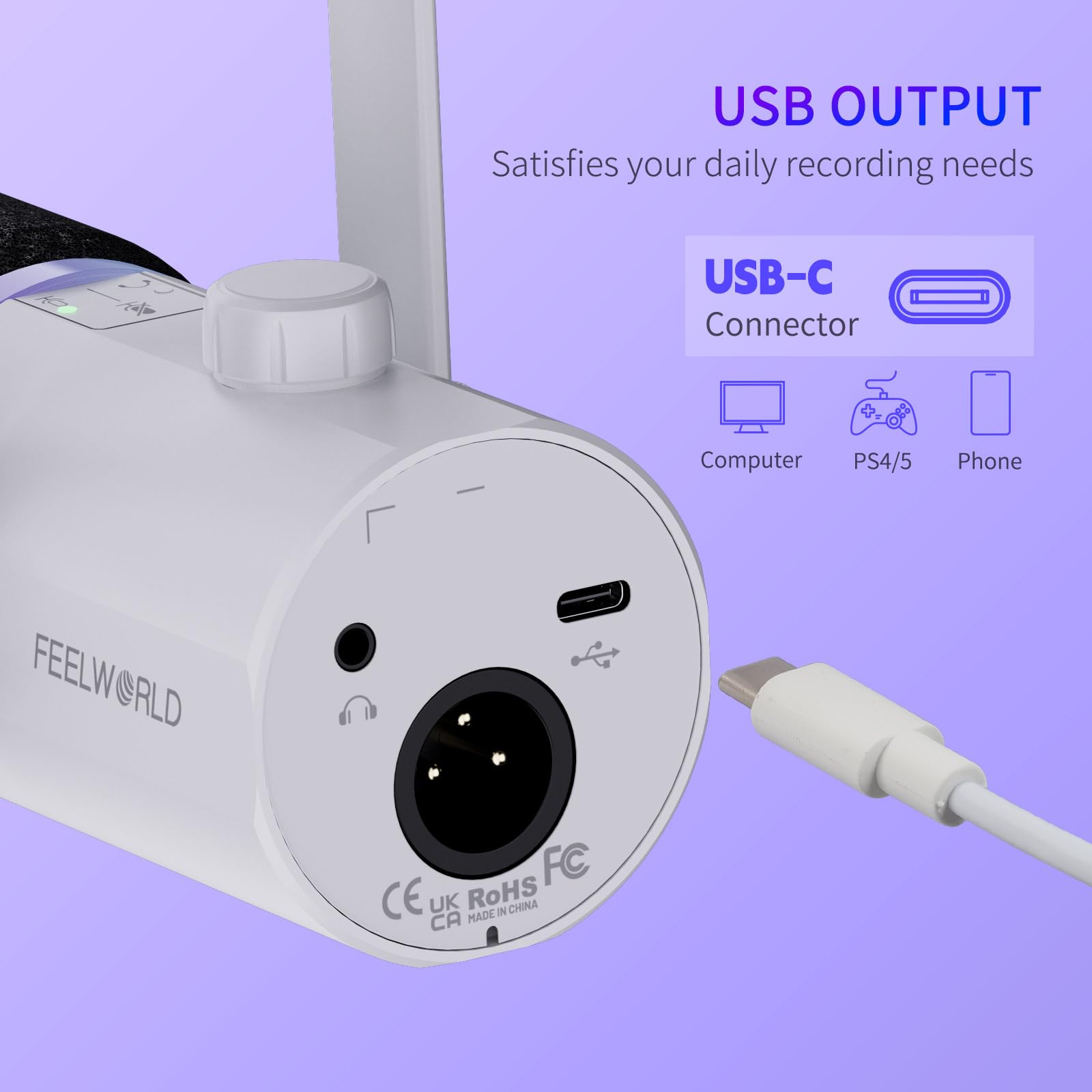 FEELWORLD PM1 XLR USB Dynamic Microphone - Professional Podcast Mic for Recording, Gaming, Live Streaming & Voice-Over - Studio Metal Condenser Mic with RGB Lighting, Mute Button & 3.5mm Headphone Jack (White) - Perfect for YouTube, Twitch, Discord & Home Studio Setup