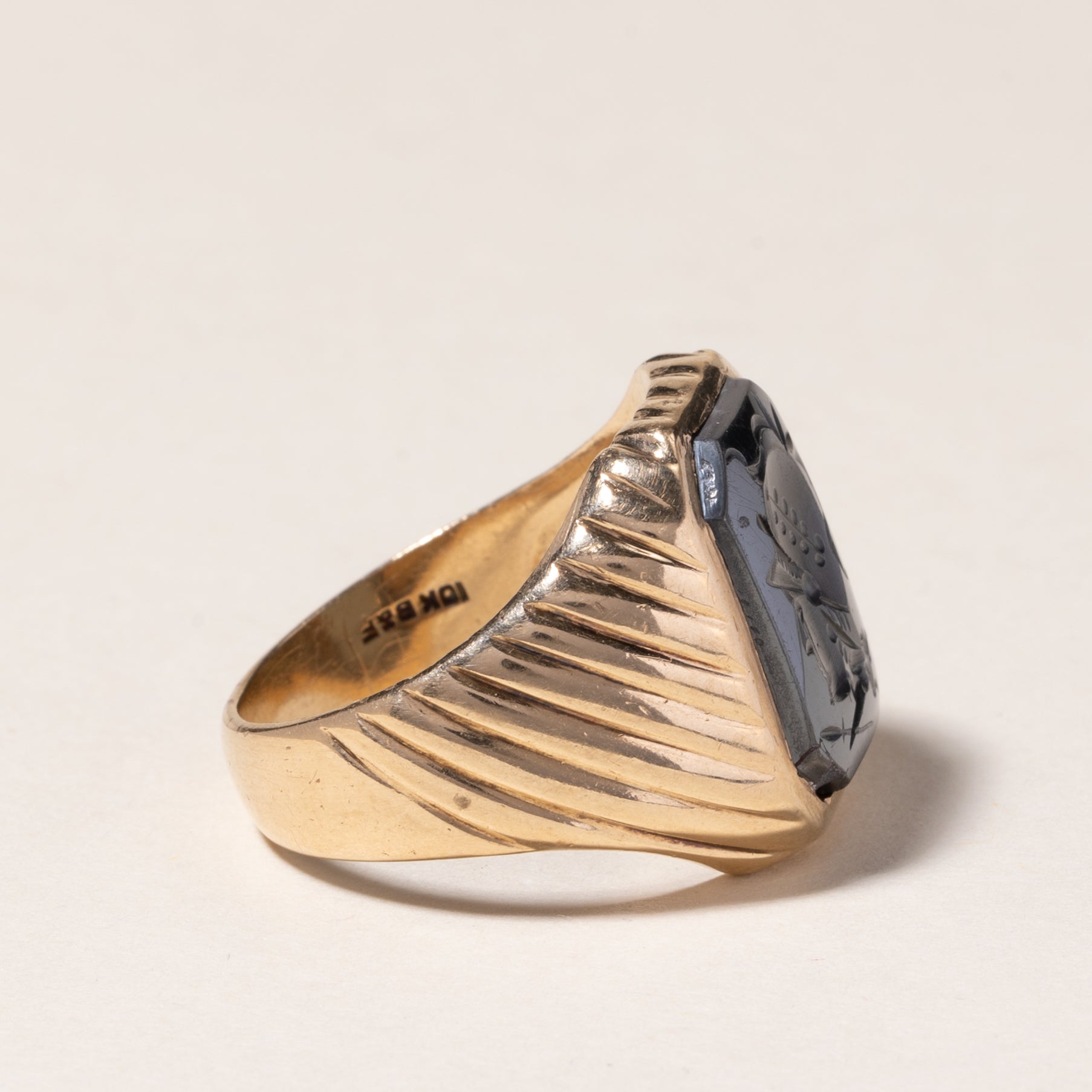 10K Yellow Gold Carved Hematite Ring for Women | 4.70ct Oval Gemstone | Size 9.25 | Elegant Statement Jewelry for Evening Wear, Weddings & Special Occasions
