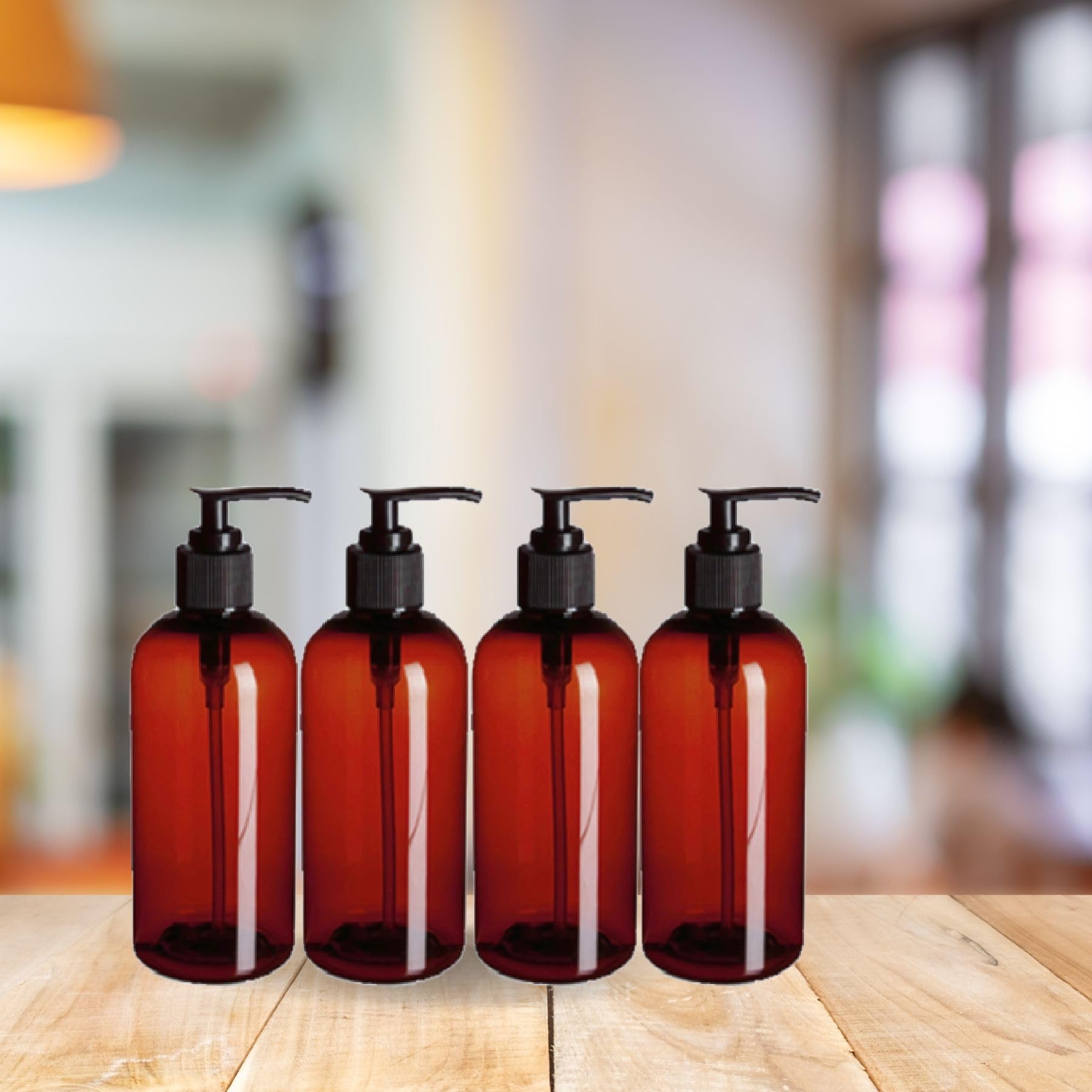 12oz Dark Amber PET Plastic Round Bottles with Black Lotion Pumps (4-Pack) - Perfect for Essential Oils, CBD Tinctures & Skincare Products