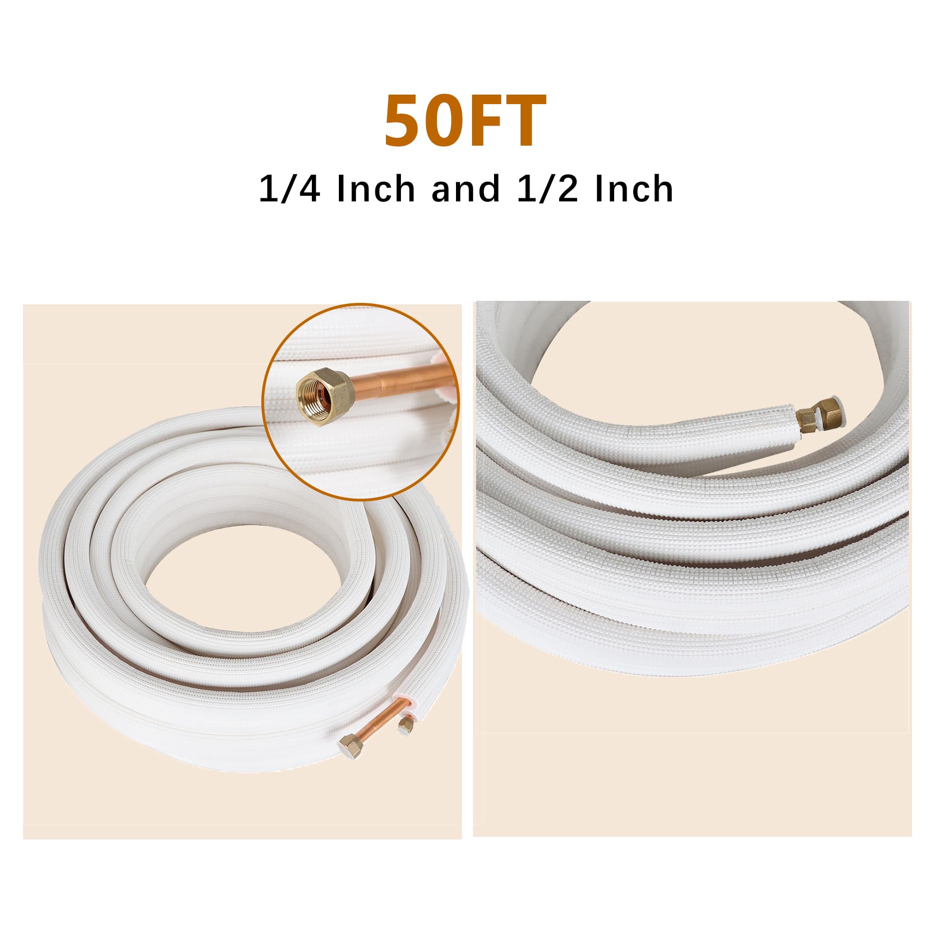 50FT 1/4 Inch & 1/2 Inch Insulated AC Copper Tubing Hose Extension - Flexible Refrigerant Line for Mini Split Air Conditioner - Perfect for HVAC Installation, Repair, and DIY Projects