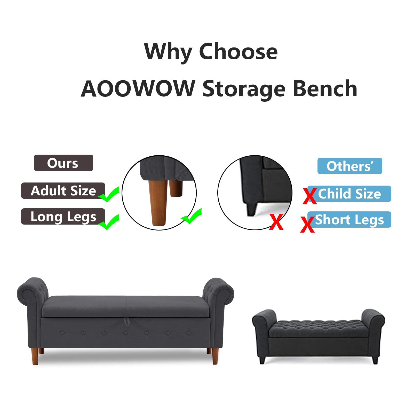 Aoowow Storage Bench with Rolled Arms - Linen Fabric Ottoman Couch for Bedroom, End of Bed, Window Seat or Fireplace - Multi-Functional Toy Storage Bench (Gray) - Perfect for Small Space Organization & Cozy Seating