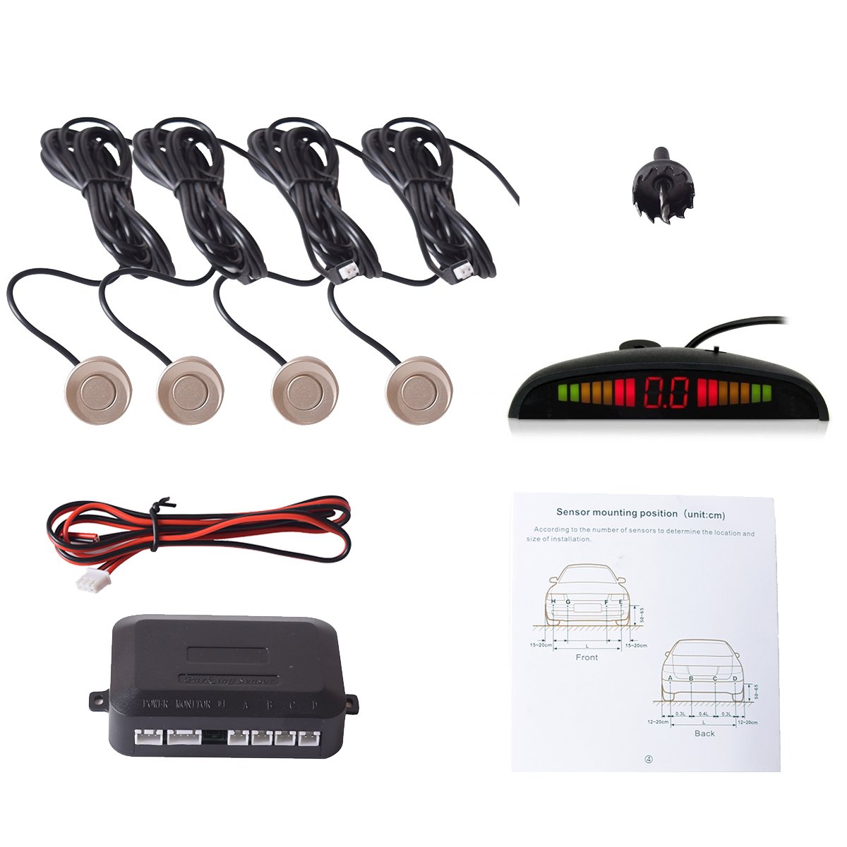 Cocar Champagne Gold LED Parking Sensor System with Beep Alert & Remote Display - 4 Sensors for Easy Reverse Parking Assistance - Perfect for Cars, Trucks, SUVs & RVs