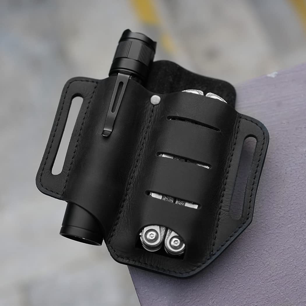 VIPERADE PJ8 Small EDC Leather Sheath for Belt - Handmade 2 Pocket Multitool Organizer - Durable Leather EDC Pouch for Men - Perfect for Camping, Hiking & Everyday Carry