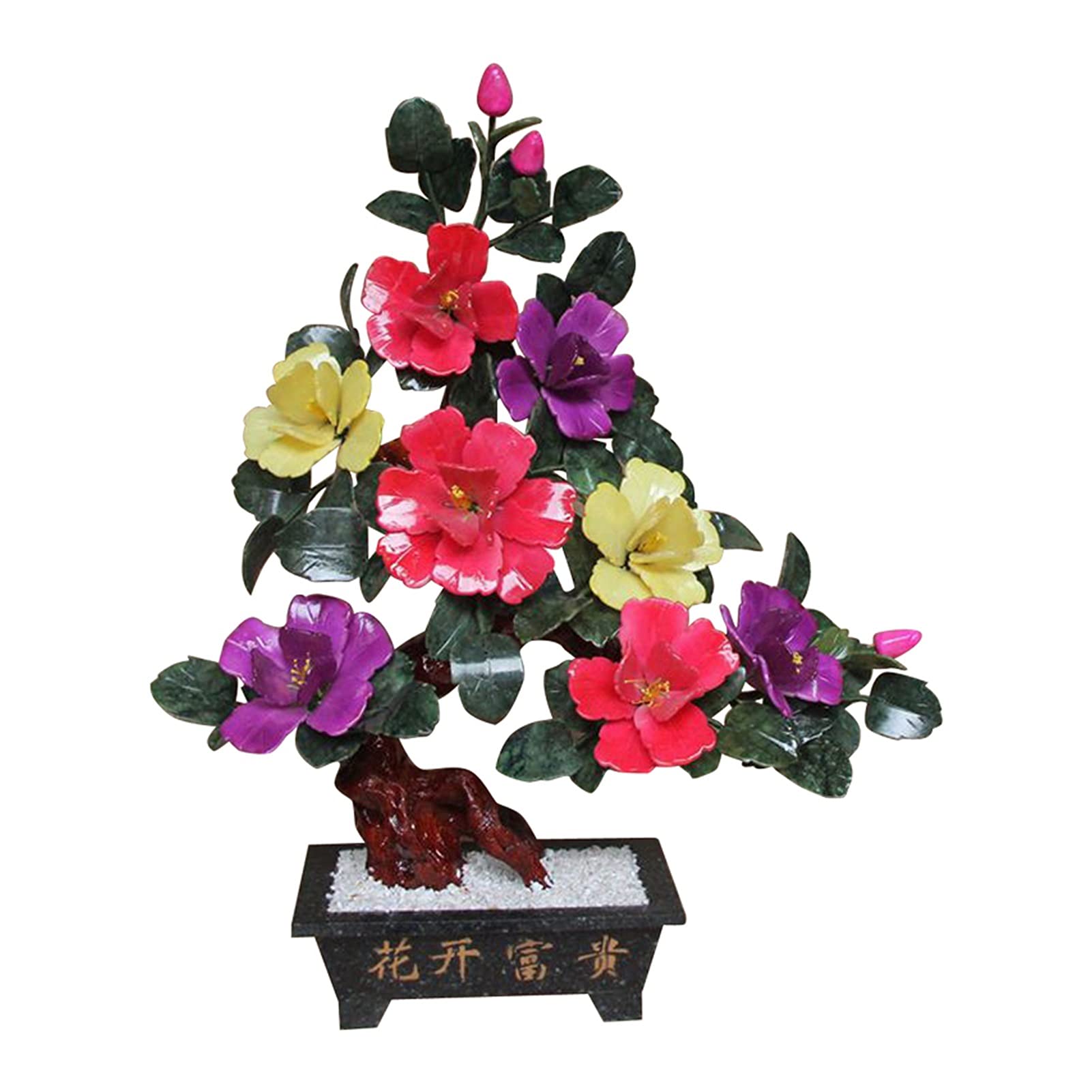 KGDC Artificial Bonsai Tree with Jade Stone - Feng Shui Money Tree for Home & Office Decor (8 Peony Flowers) | Fake Plant for Desk, Living Room & Gift Giving