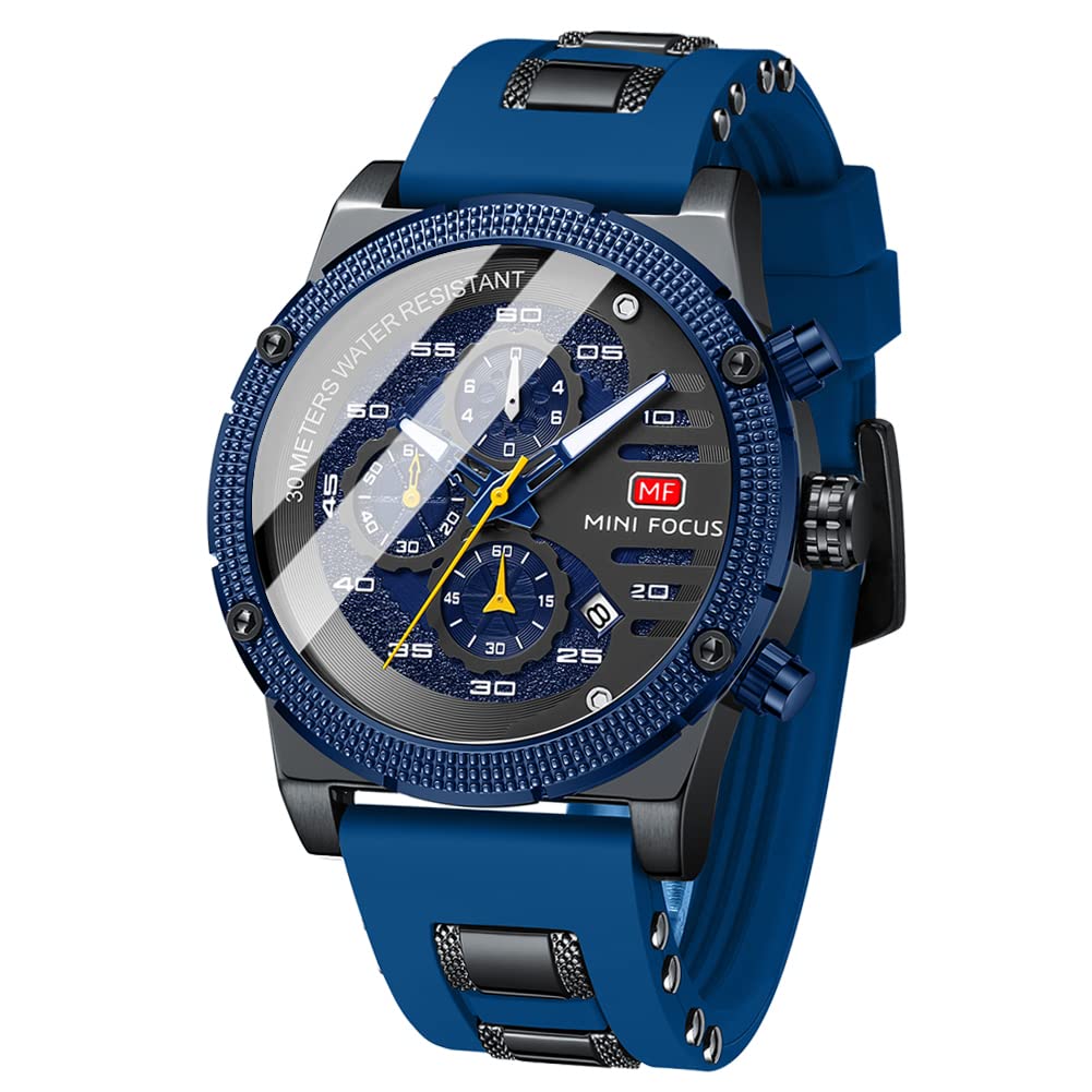MF MINI FOCUS Men's Chronograph Waterproof Sports Watch - Analog Quartz Wristwatch with Silicone Strap | Fashionable & Durable for Everyday Wear, Outdoor Activities & Gifts