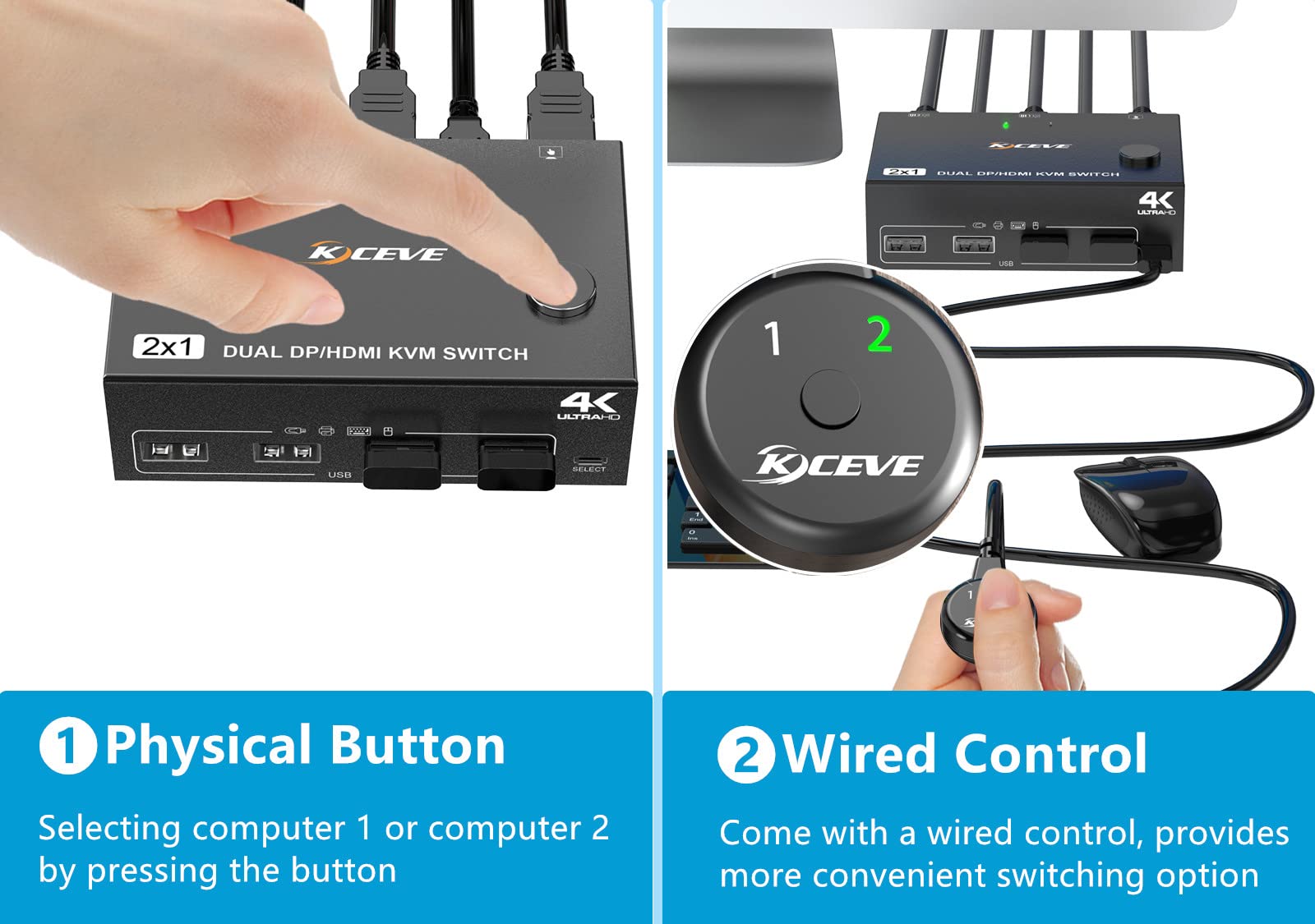 DP HDMI KVM Switch 2 Port 4K@60Hz - Dual Monitor USB KVM Switch for 2 Computers, Share Keyboard Mouse & Display - Perfect for Home Office, Gaming Setup and Multi-PC Workstations