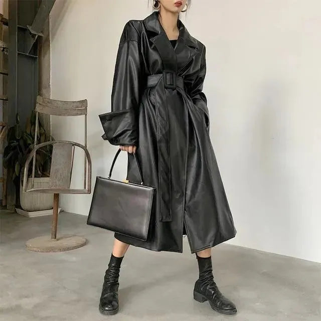 Stylish Black Oversized Leather Trench Coat for Women - Waterproof Winter Long Coat with Belt - Perfect for Office, Dating & Night Out