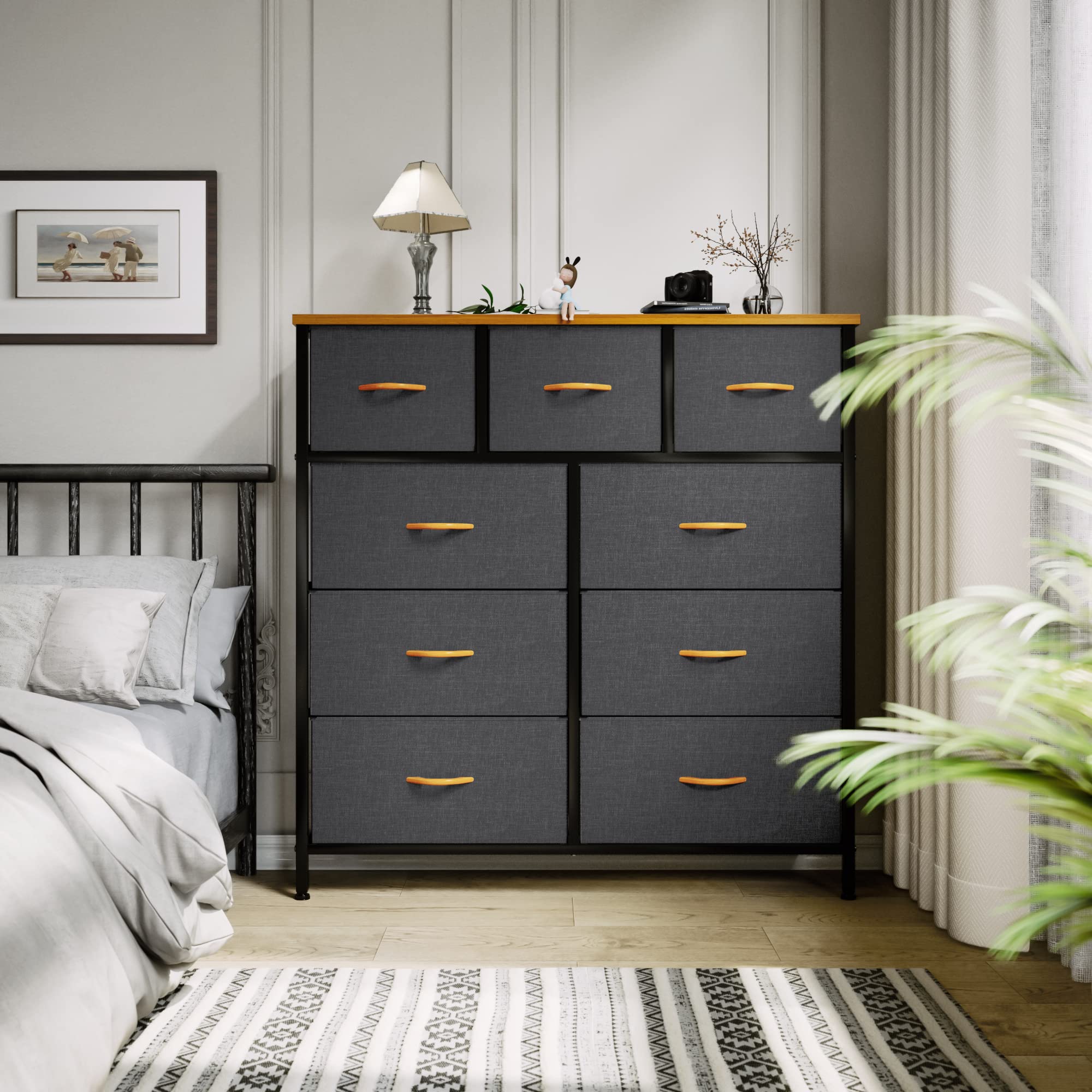 YITAHOME 9-Drawer Fabric Storage Dresser with Sturdy Steel Frame & Wooden Top - Dark Grey Dresser for Bedroom, Living Room & Closet Organization - Easy Pull Fabric Bins for Clothes, Toys & Home Storage