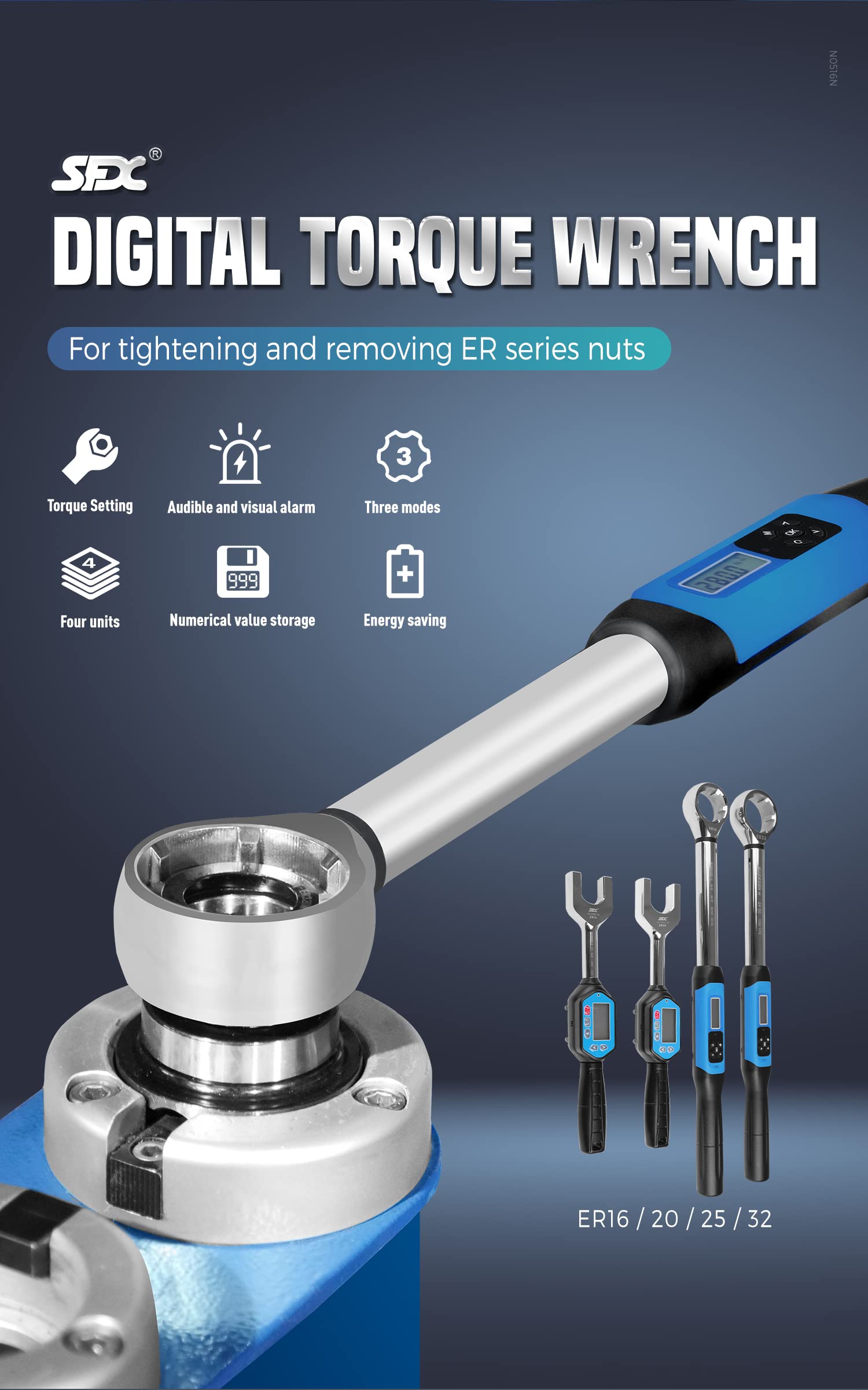 ER16A Digital Torque Wrench - ±2% High Accuracy Electronic Nut Torque Wrench with Audible/Visual Alarm & LED Display for ER Series Nuts - Perfect for Automotive Repair, Industrial Assembly and Mechanical Maintenance