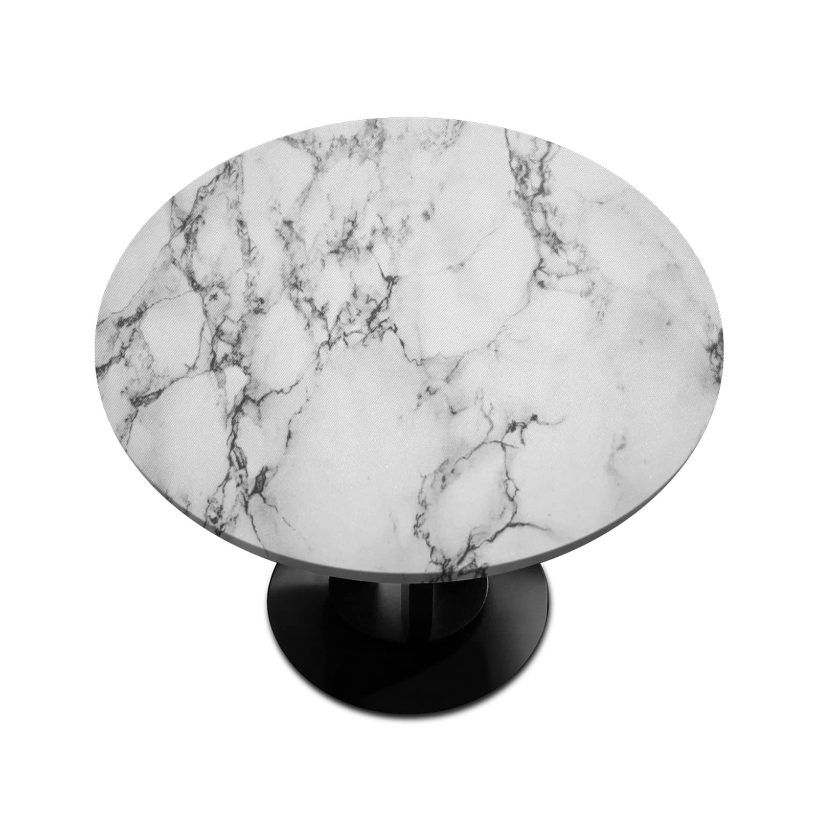 White & Black Marble Print Elastic Edge Round Tablecloth - Non-Slip Waterproof Polyester Table Cover for Outdoor & Indoor Use (Fits 45-56 Inch) - Perfect for Dining, Parties, and Picnics
