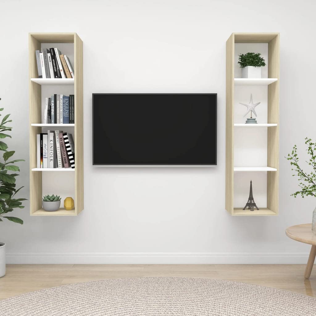 Wall Mounted TV Storage Cabinet Set - 2 Pcs Floating Media Shelves with 8 Compartments, White & Brown Hanging Organizer for Living Room & Bedroom - Perfect for Home Entertainment Systems and Space Saving Storage Solutions
