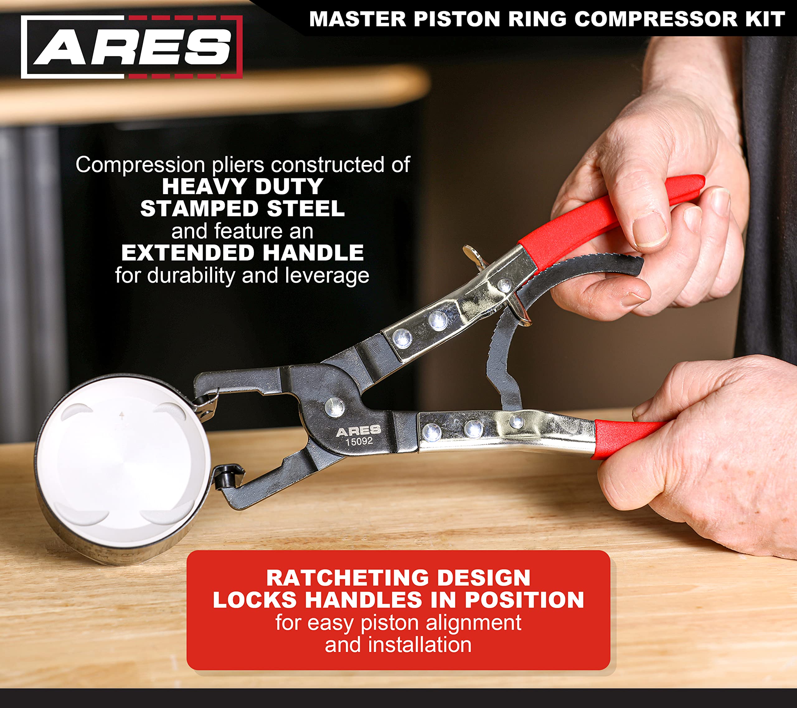 ARES Master Piston Ring Compressor Kit with 32oz Slim Line Deadblow Hammer - Heavy Duty Stamped Steel Construction for Secure Band Compression - Powerful Striking Force - Perfect for Automotive Engine Repair and DIY Mechanic Projects