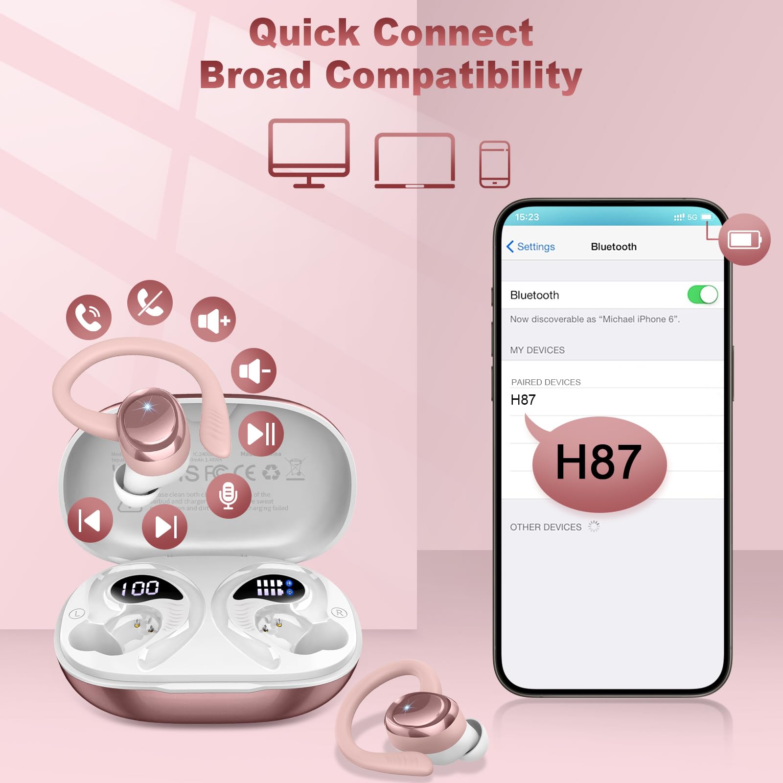 **2025 Wireless Bluetooth 5.4 Earbuds with Earhooks, 50H Playtime, 4 ENC Noise Canceling Mic, IP7 Waterproof – Stereo Sound for Running, Gym, Workout, Commuting & Travel**