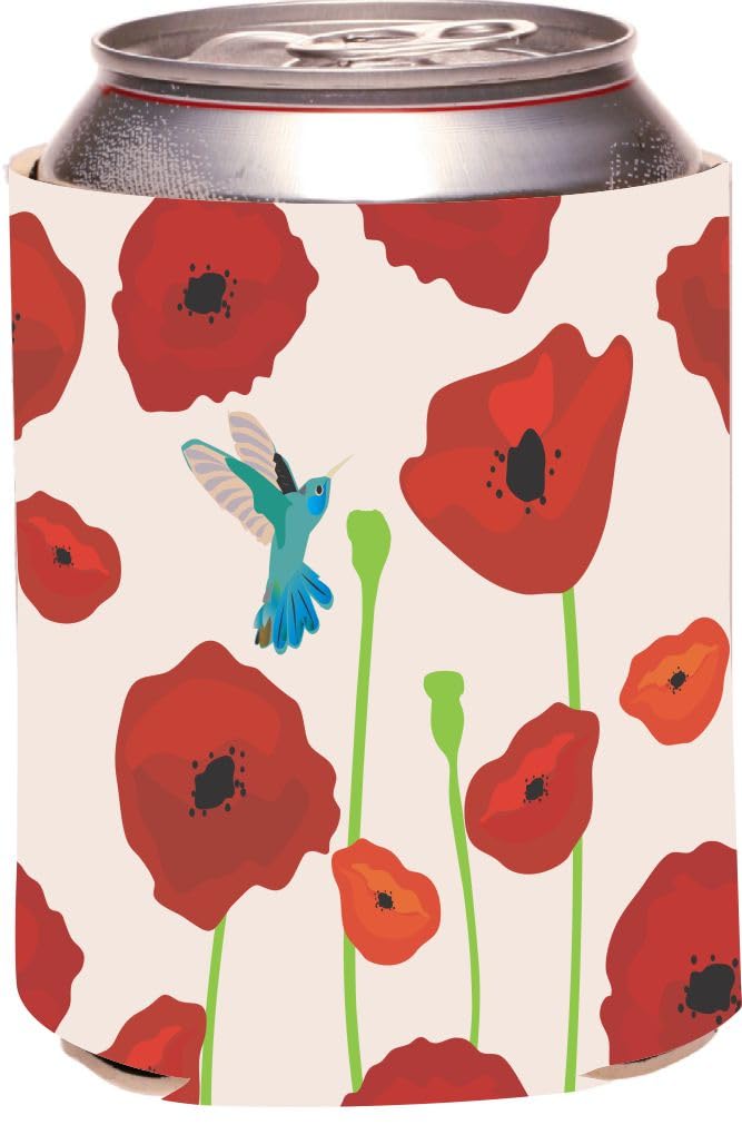 Red Poppies Blue Bird Can Cooler - Beverage Insulator for Drinks & Picnics