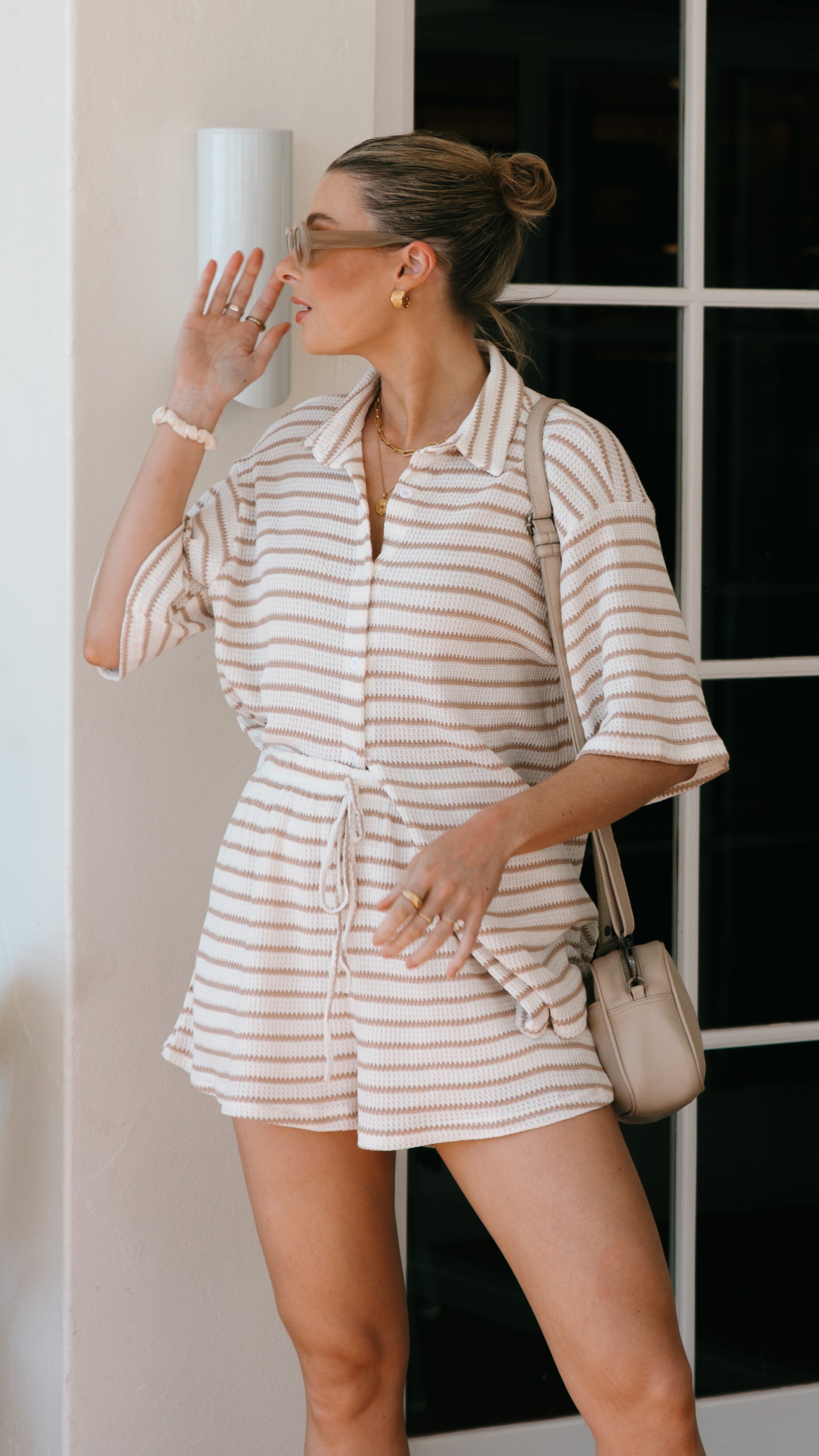 Lacole Women's Button Up Shirt and Shorts Set - White & Beige Striped Summer Outfit for Casual Wear, Beach Vacation, and Street Style Fashion
