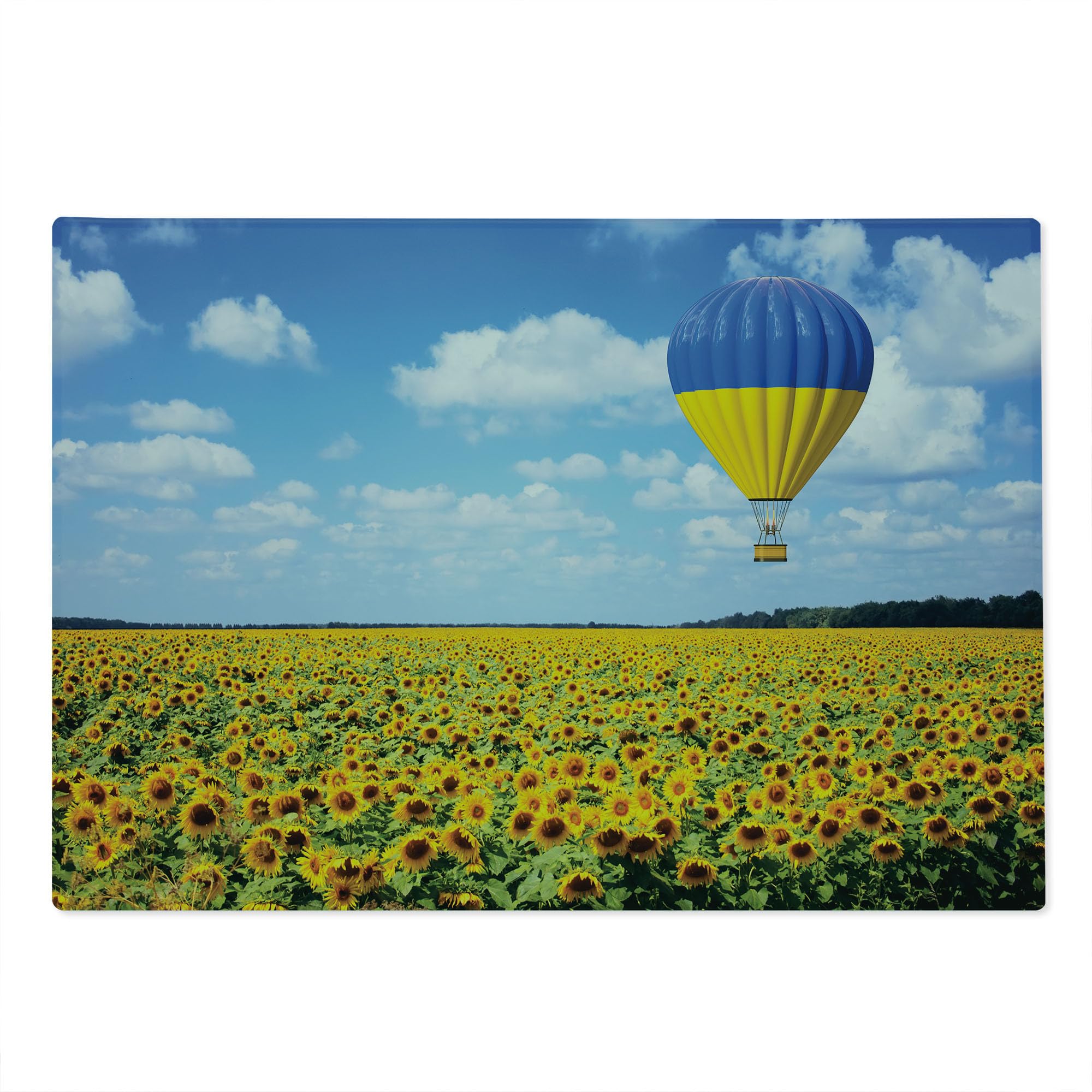Ambesonne Hot Air Balloon Tempered Glass Cutting Board - Sunflower Field & Cloud Sky Design - Large Decorative Serving Tray for Kitchen, Charcuterie & Cheese Platter - Sky Blue & Yellow Artwork - Perfect for Entertaining, Housewarming Gifts & Home Decor