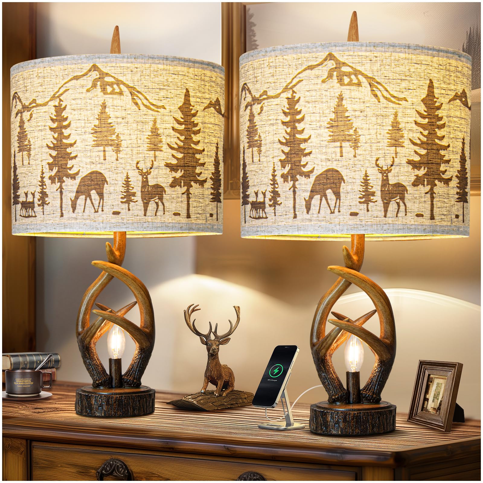 Farmhouse Deer Antler Table Lamp Set of 2 - USB Ports & Nightlight - Rustic Linen Shade Bedside Lamps for Living Room, Bedroom, Hotel, Bar & Country House - Vintage Home Decor Lighting for Cozy Ambiance