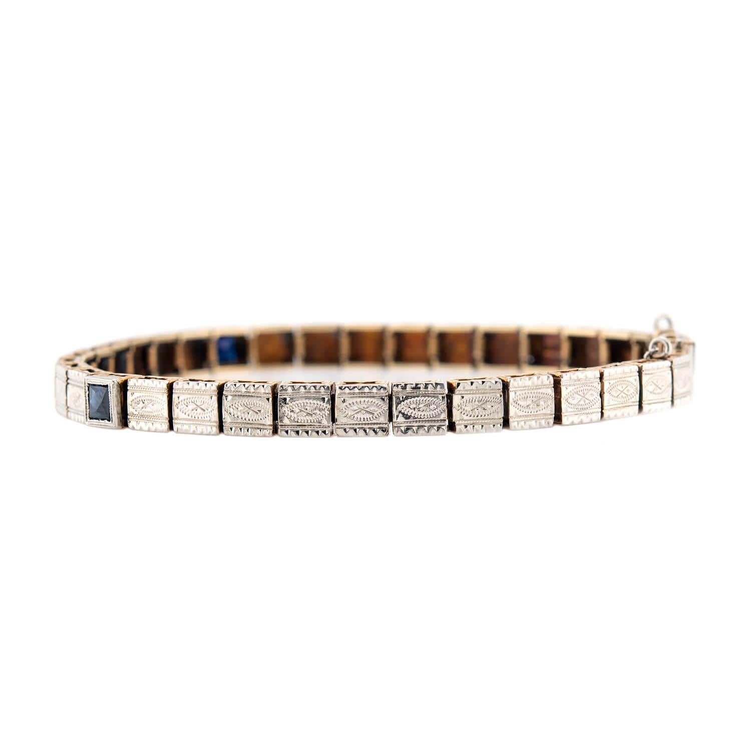 Edwardian 14k Gold & Platinum Sapphire Diamond Line Bracelet - Vintage Jewelry for Weddings, Anniversaries & Special Occasions