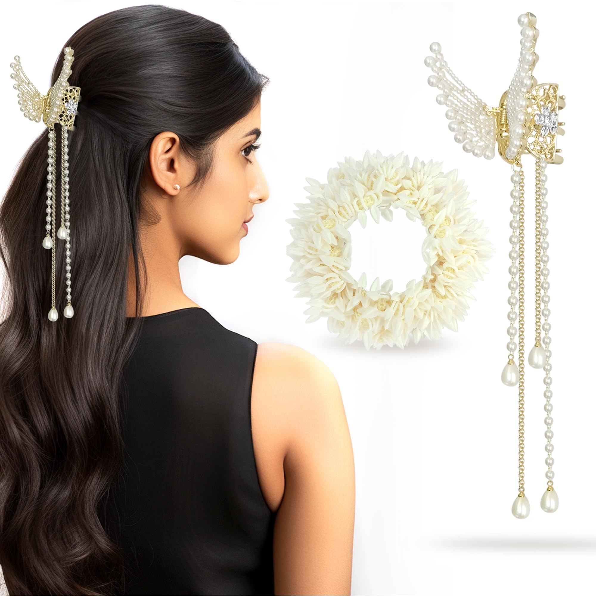 Artificial Mogra Gajra Scrunchie & Pearl Butterfly Hair Clip Set - Traditional Floral Hair Accessories with Gold Accents for Women - Perfect for Weddings, Festivals & Special Occasions (White) - Boho Bridal Hair Jewelry & Indian Cultural Events