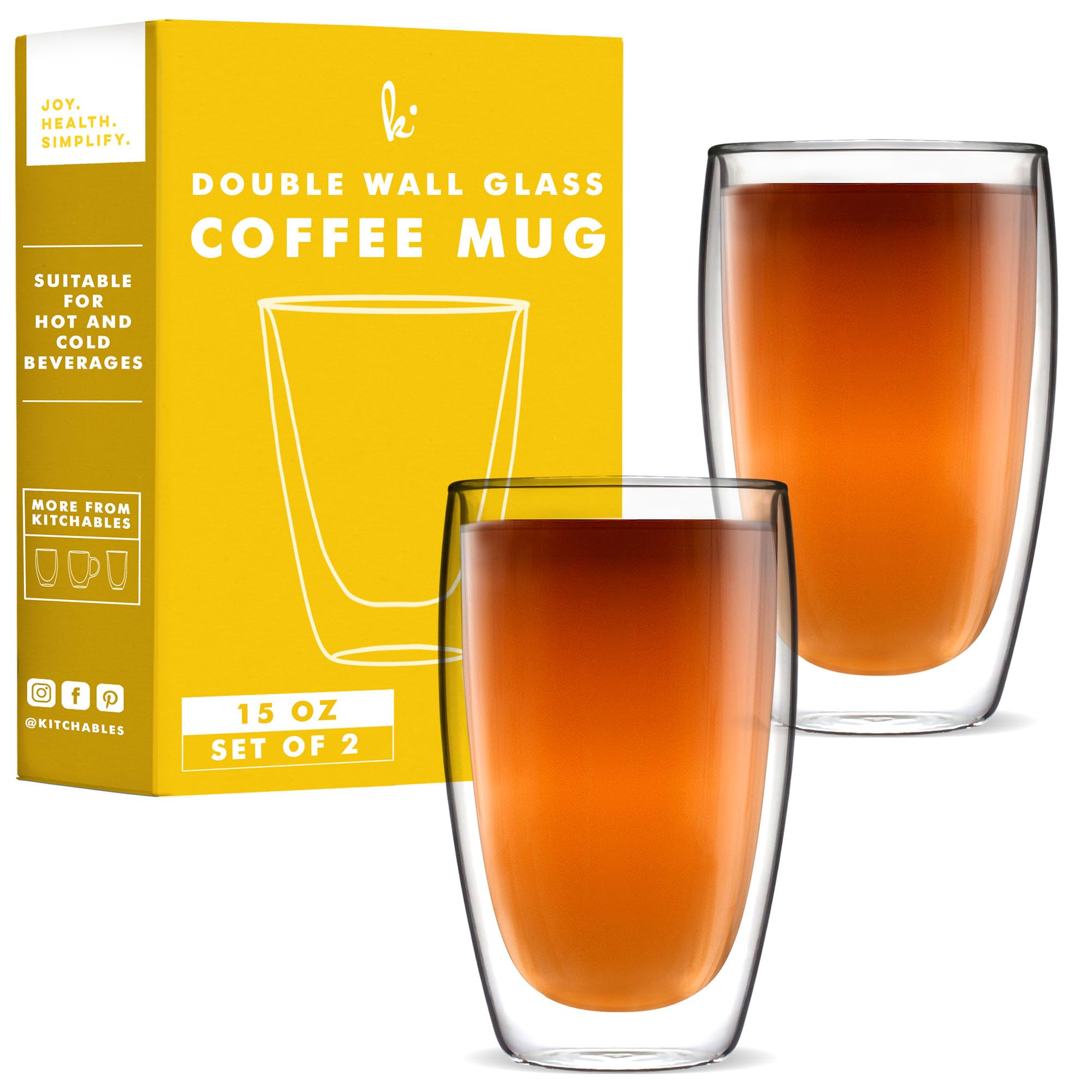 Kitchables 15oz Double Walled Insulated Glass Coffee Mugs Set of 2 - Perfect for Cappuccino, Latte, Tea & Espresso - Ideal for Home, Office & Cafe Use