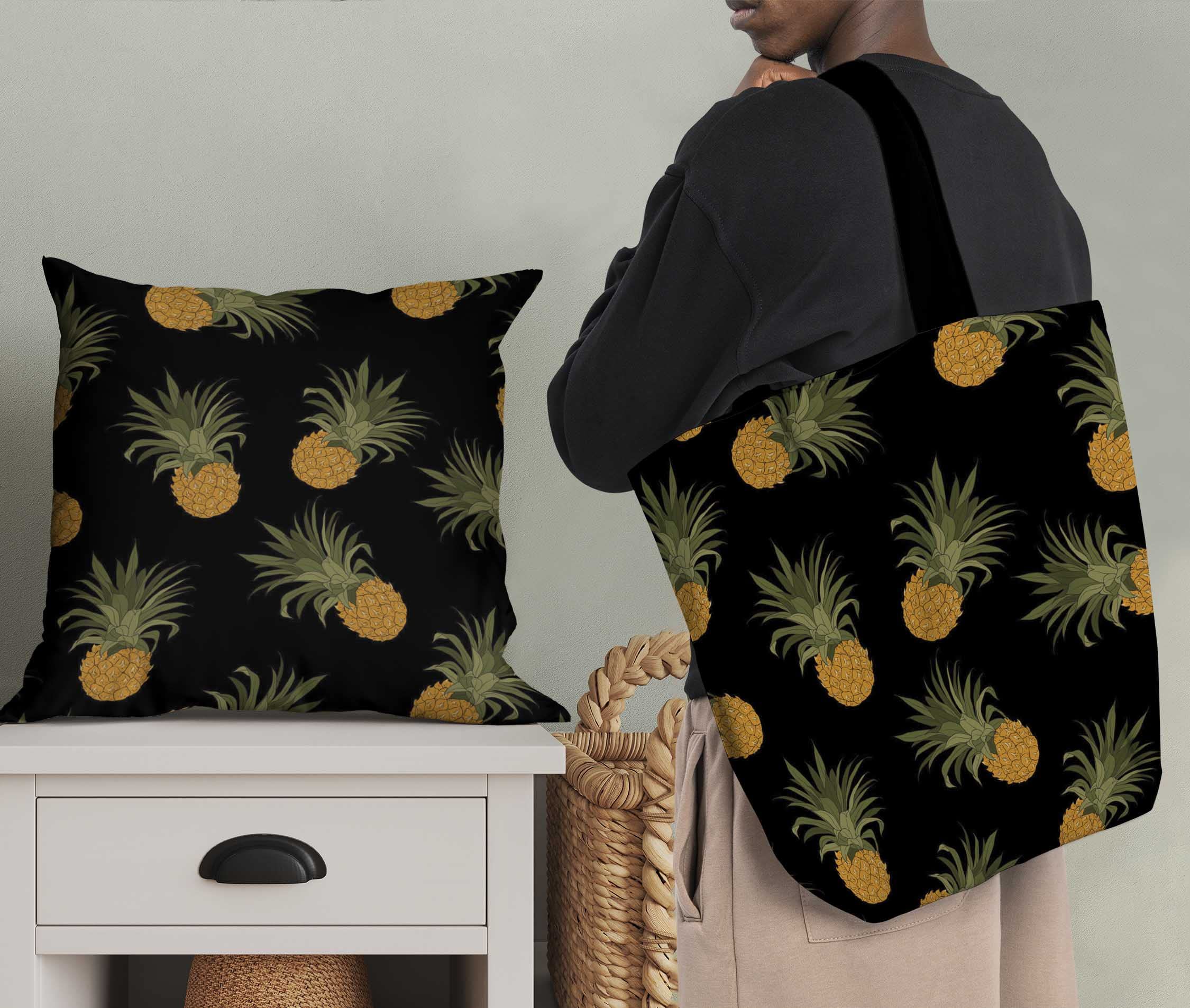 Soimoi Black Polyester Crepe Fabric by The Yard - 42 Inch Wide Tropical Pineapple Print Fabric for Fashion Apparel, Dresses, Home Decor & DIY Projects - Perfect for Summer Outfits, Curtains, Pillows & Crafting