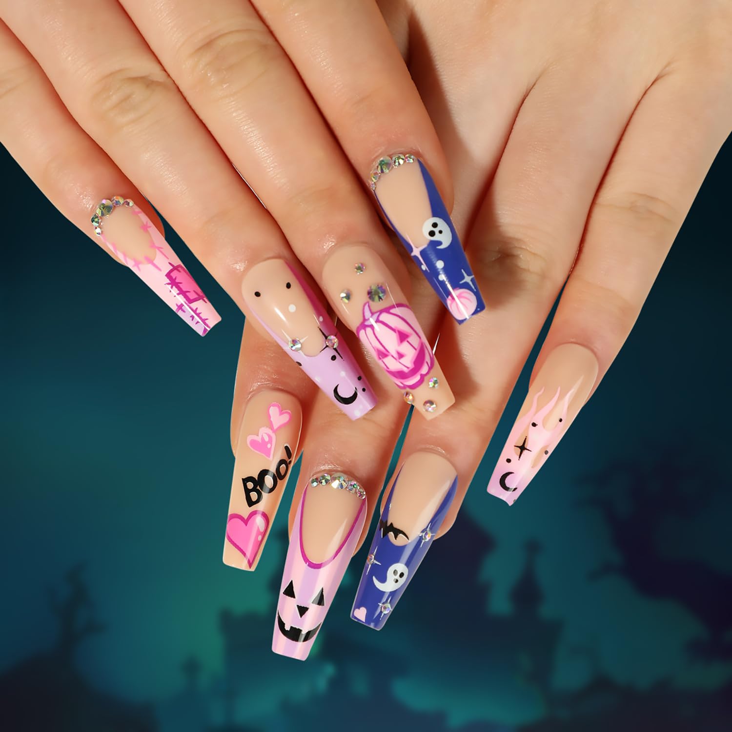 Halloween Press on Nails - 24Pcs Long Coffin Fake Nails with French Tip, Pumpkin, Ghost, Heart & Rhinestone Designs | Full Cover Stick on Acrylic Nails for Women | Perfect for Halloween Parties, Costume Events & Spooky Nail Art