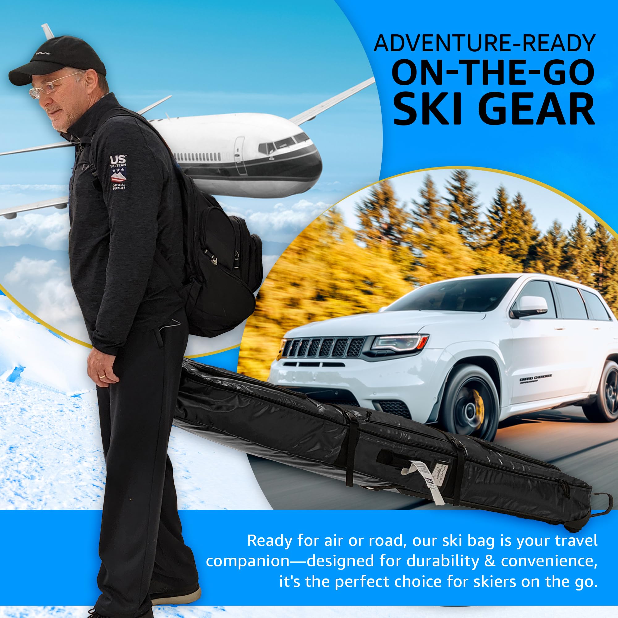 **Double Ski Bag with Wheels - 180/200cm Waterproof Ski & Snowboard Travel Bag for Gear Storage - Durable & Lightweight for Air Travel - Perfect for Ski Trips & Winter Vacations - 3-Year Warranty**