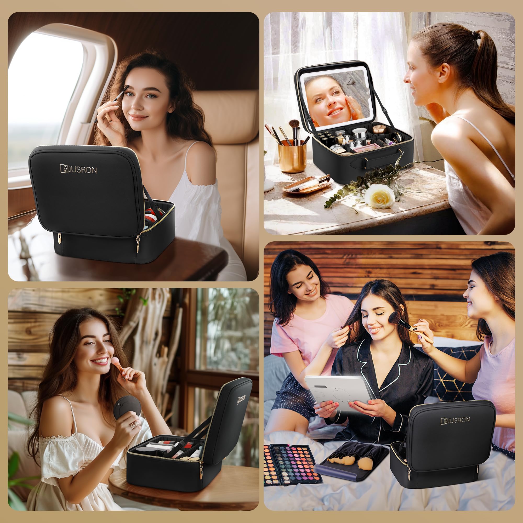 JUSRON LED Makeup Bag with Mirror - 3 Color Settings for Travel & Vanity