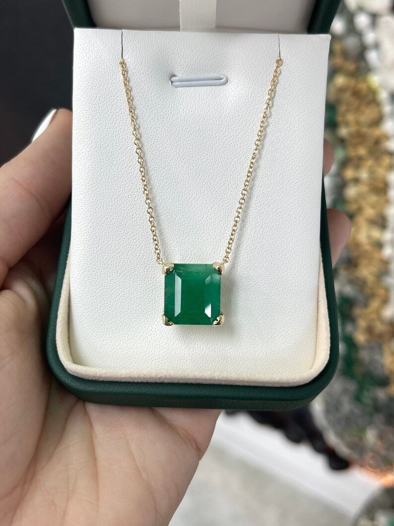 10.50 Carat 14K Gold Deep Green Emerald Solitaire Square Pendant Necklace - 14x14mm Anniversary Gift for Women, Perfect for Weddings, Parties & Special Occasions