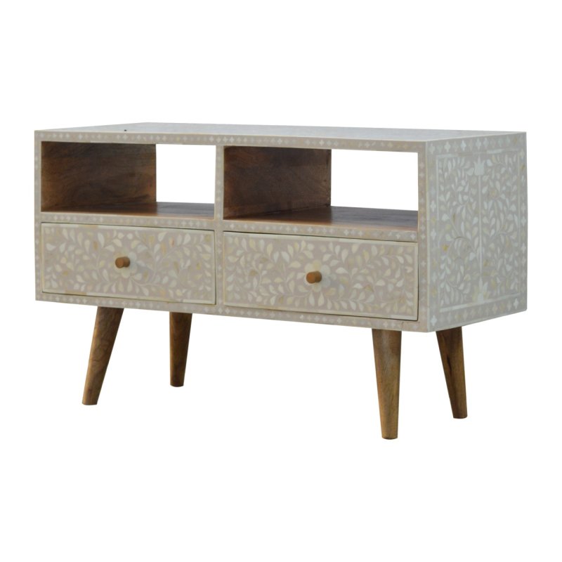 Handmade Bone Inlay Floral Pattern TV Stand | White Console Table for Living Room, Bedroom & Entryway - Elegant Home Decor Furniture