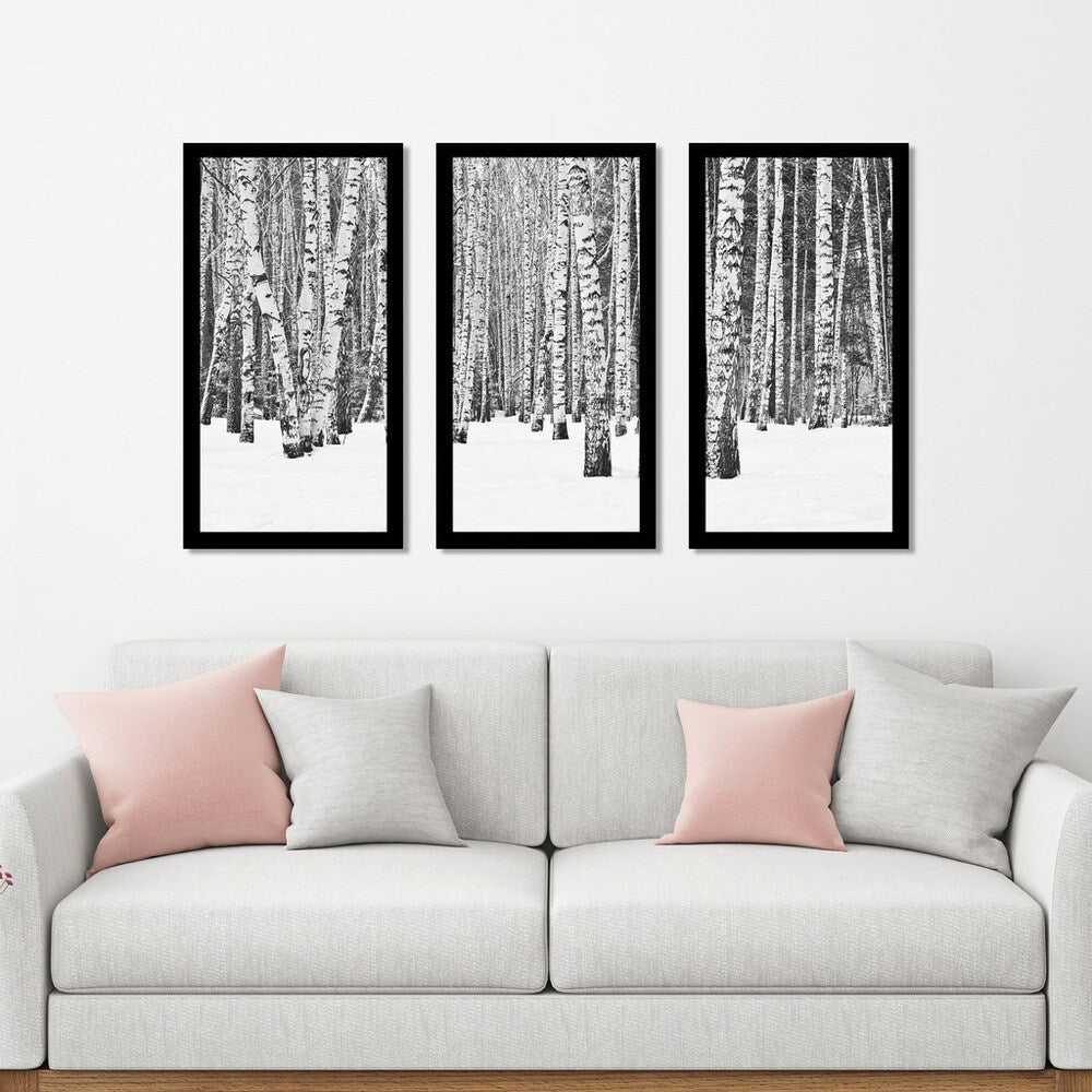 Birch Trees in Winter Framed Plexiglass Wall Art - Set of 3 Modern Nature Decor for Living Room, Bedroom & Office