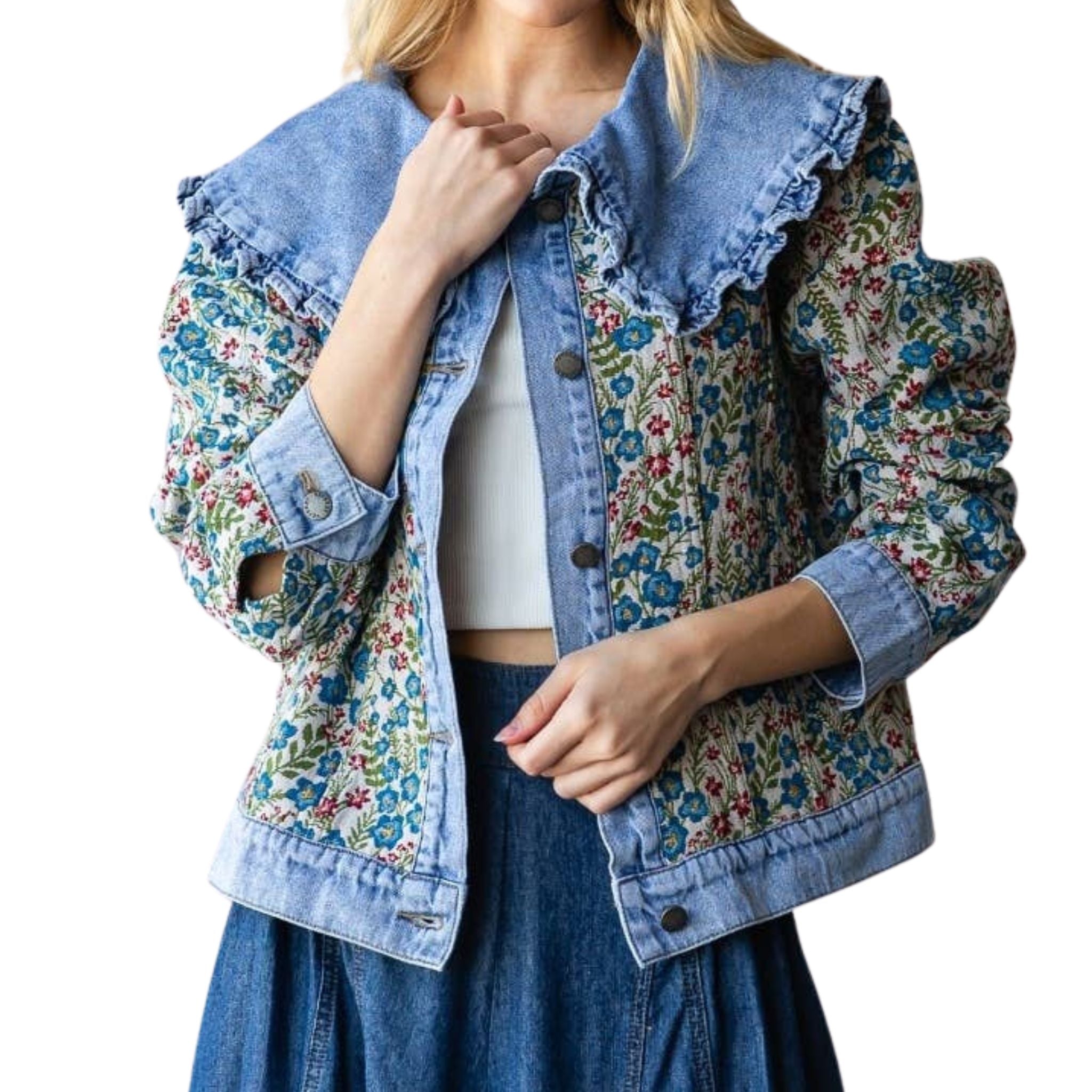 Vintage Jacquard Ruffle Collar Denim Jacket for Women - Retro Fashion Denim Coat with Embroidered Details - Perfect for Casual Outfits, Date Nights & Fall Layering