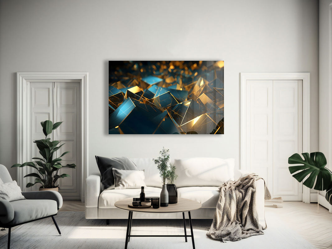 Abstract Golden & Blue Cubes Wall Art - Modern Geometric 3D Decor for Living Room, Bedroom & Office - Perfect for Home & Office Decor