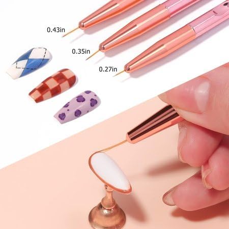 Professional 3-Piece Rose Gold Nail Art Liner Brush Set for UV Gel & Acrylic Nails - 7mm/9mm/11mm Nail Art Design Tools - Perfect for Salon, Home Manicures & DIY Nail Art Projects