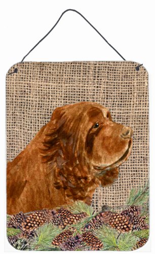 Sussex Spaniel Dog Wall Art - 12x16 Aluminum Metal Sign with Faux Burlap & Pine Cones Design for Kitchen, Bathroom, Bar Decor | Rustic Front Door Hanging Plaque | Perfect for Pet Lovers & Country Home Decor