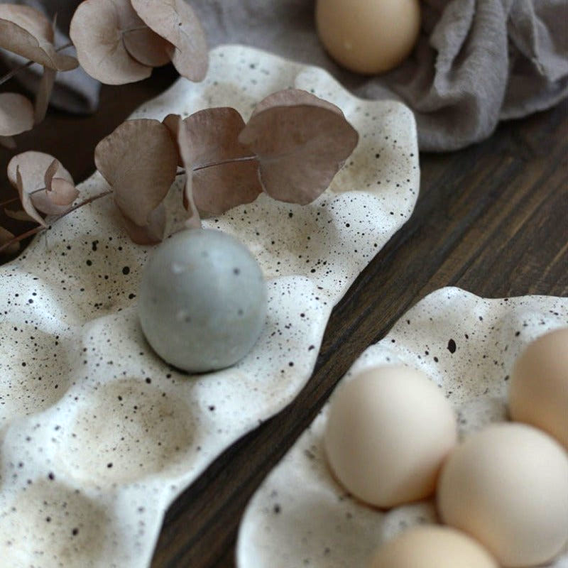 Organic Speckled Egg Tray - Eco-Friendly Ceramic Egg Holder for Kitchen Countertop, Farmhouse Decor & Breakfast Serving