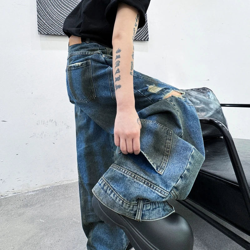 American Style Men's Jeans - Trendy Flip Design Wide Leg Distressed Denim Pants for Men | High Street Fashion | Casual Wear, Street Style & Everyday Outfits (Model 9C7025)