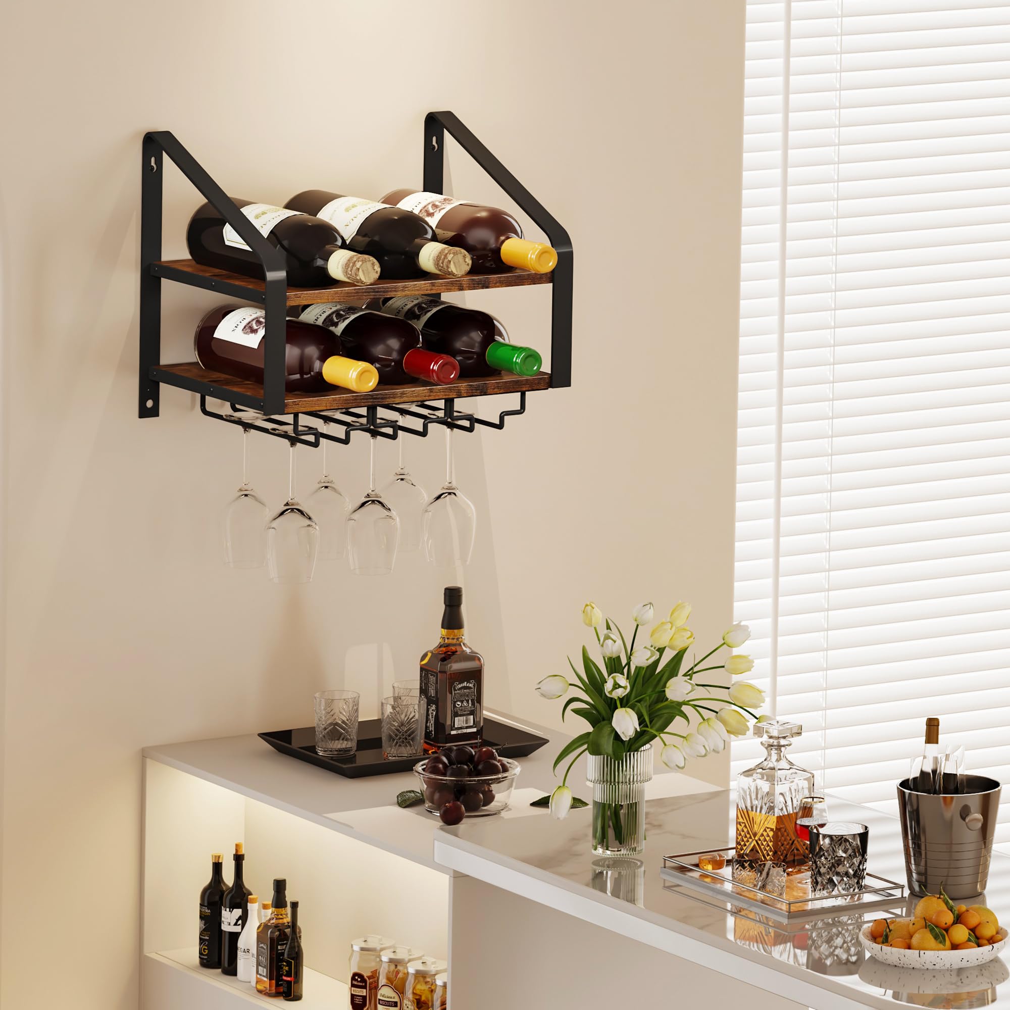 2-Tier Wall Mounted Wine Rack for 6 Bottles & 6 Glasses - Solid Wood & Metal Wine Bottle Holder for Home Bar, Kitchen, Dining Room - Space-Saving Wine Storage Solution (Brown Black) - Perfect for Small Spaces, Apartment Living & Entertaining Guests