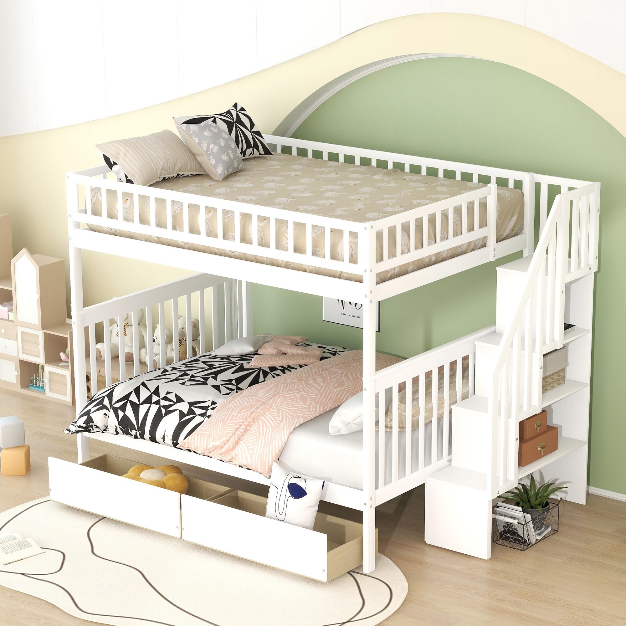 Harper & Bright Designs Full Over Full Bunk Bed with Stairs - Wooden Bunk Beds with 2 Drawers & Storage - Sturdy Twin Bunk Bed for Kids, Teens & Adults - White - Perfect for Small Rooms, Guest Rooms & Vacation Homes