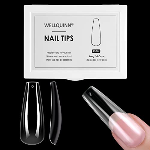 Premium Long Coffin Nail Tips - 120pcs Clear Acrylic False Nails Full Cover Ballerina Shape with Storage Case | 10 Sizes for Professional Salon & DIY Nail Art | Perfect for Parties, Weddings and Special Occasions