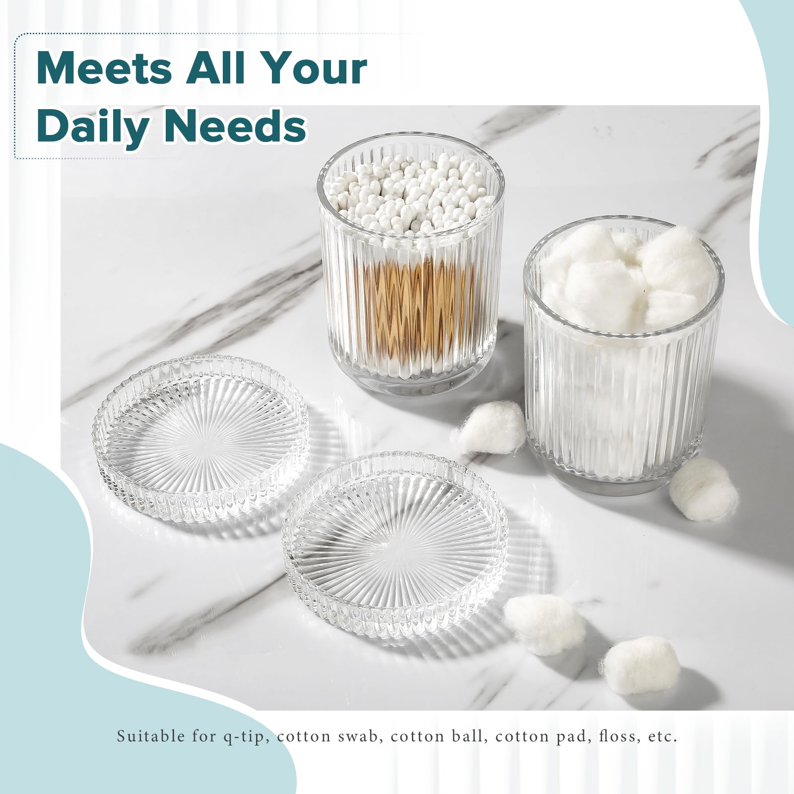 4-Piece Clear Glass Bathroom Accessories Set - Modern Ribbed Soap Dispenser, Toothbrush Holder & 2 Qtips Holders | Sleek Silver Countertop Decor for Bathroom, Vanity & Guest Bath Organization