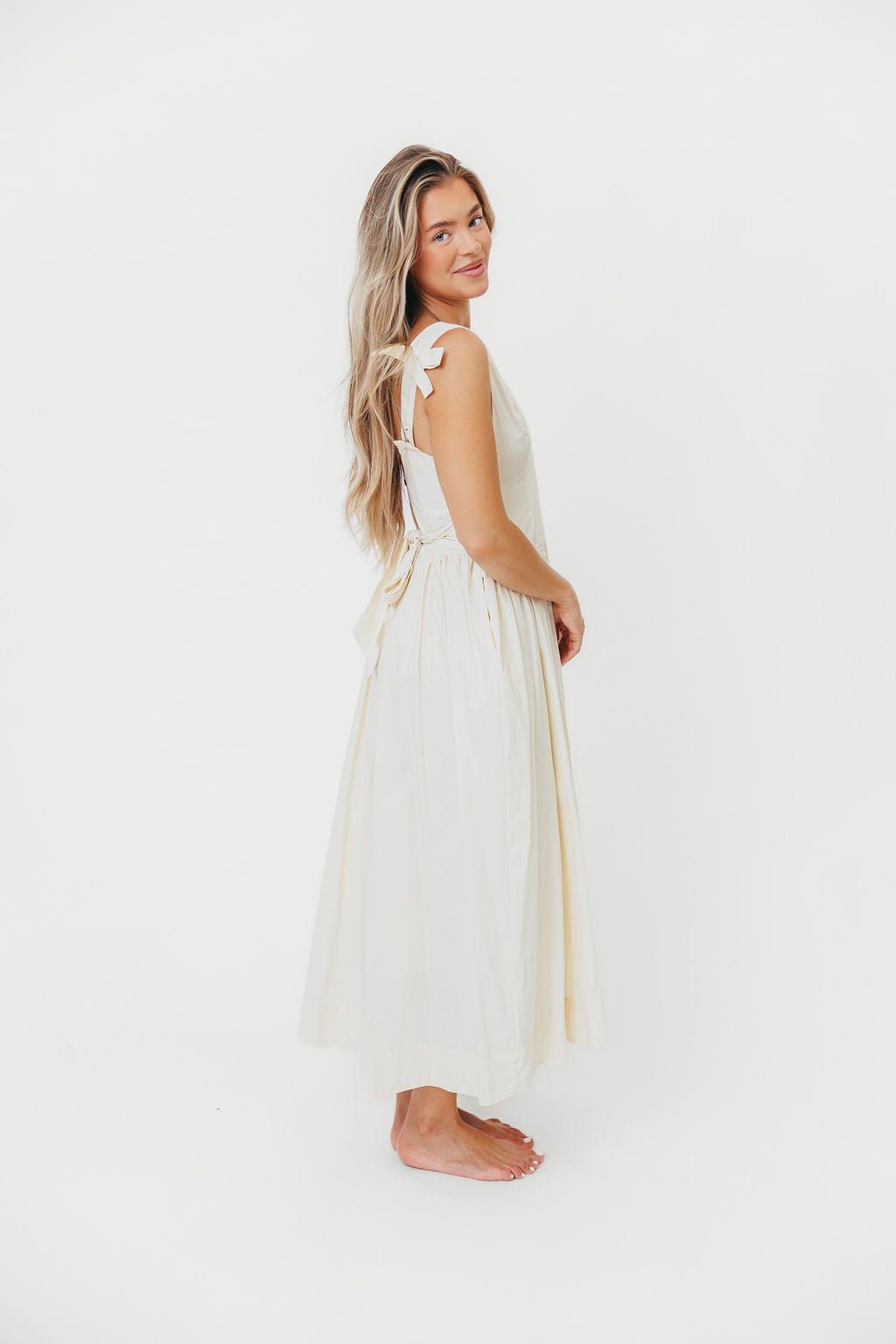 Cece 100% Cotton Off White Maxi Dress with Bow Detail - Elegant Summer Beach Dress for Women, Perfect for Vacations, Weddings & Outdoor Parties