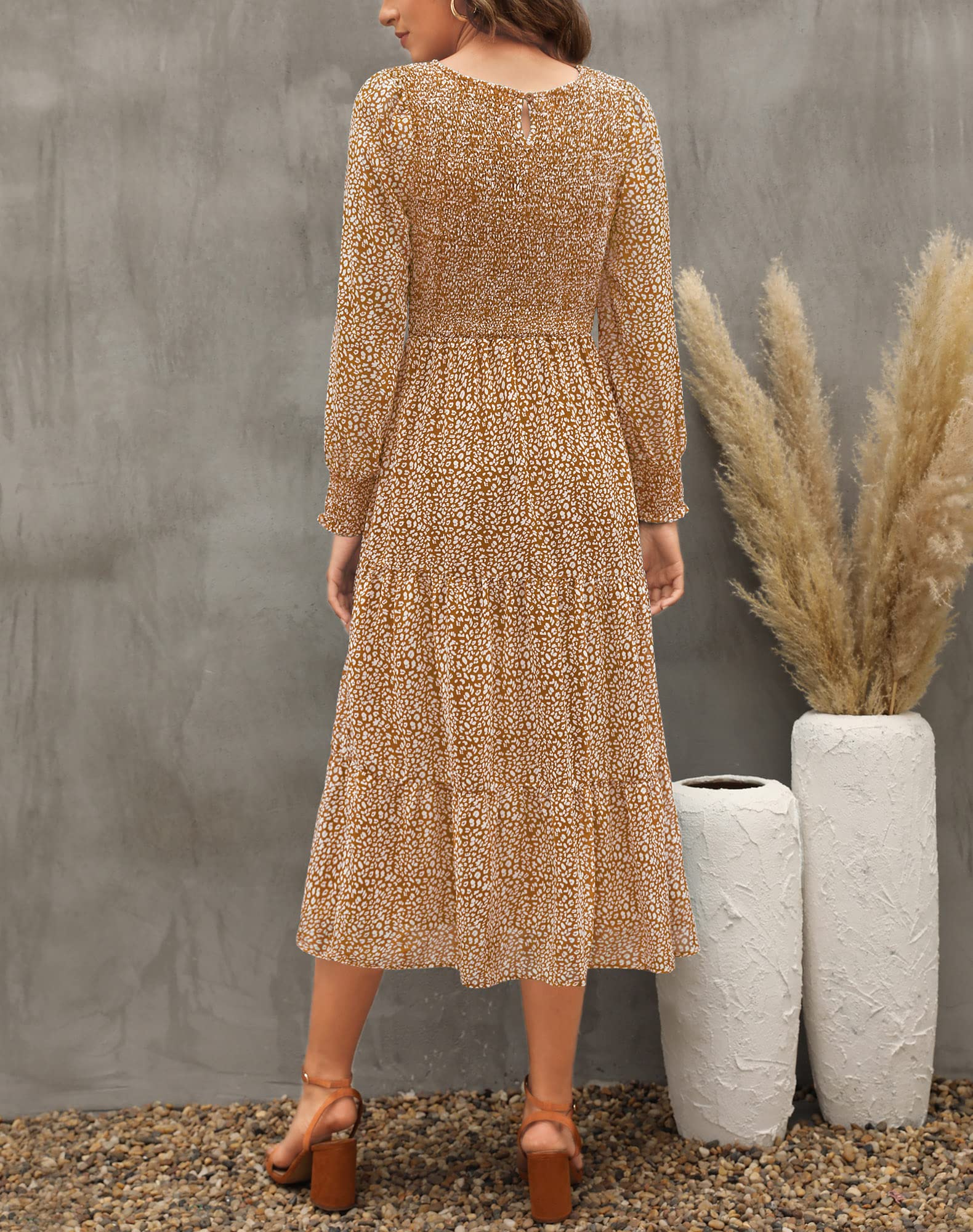 Zattcas Women's Fall Dresses 2025 - Long Sleeve Boho Floral Midi Dress with Smocked Waist & Pockets | Casual Wedding Guest Outfit for Autumn Parties, Date Nights & Special Occasions