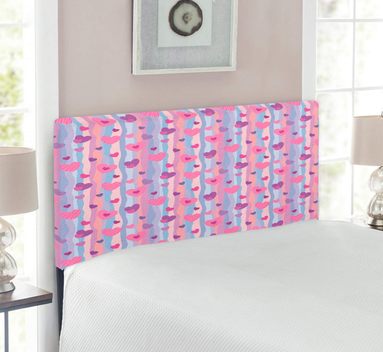 Ambesonne Love Upholstered Headboard with Hearts & Vertical Stripes - Romantic Valentine's Wedding Bedroom Decor, Twin Size Pale Mauve Purple Memory Foam Headboard for Master Bedroom & Guest Room