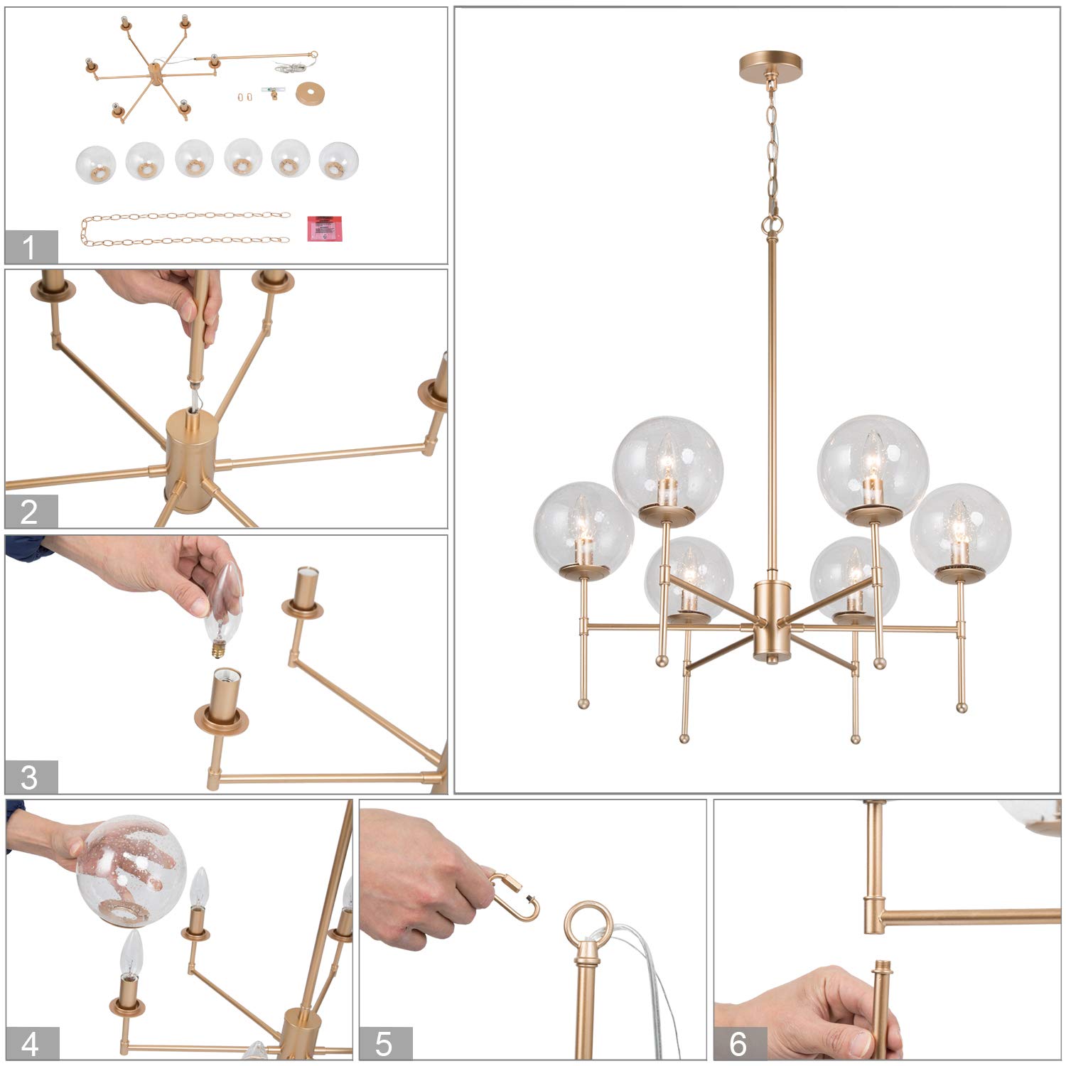 6-Light Gold Globe Chandelier with Seeded Glass Shades - 26'' W x 29.5'' H Modern Pendant Lighting for Dining Room, Living Room & Bedroom | Elegant Ceiling Light Fixture for Home Decor, Wedding & Restaurant Ambiance